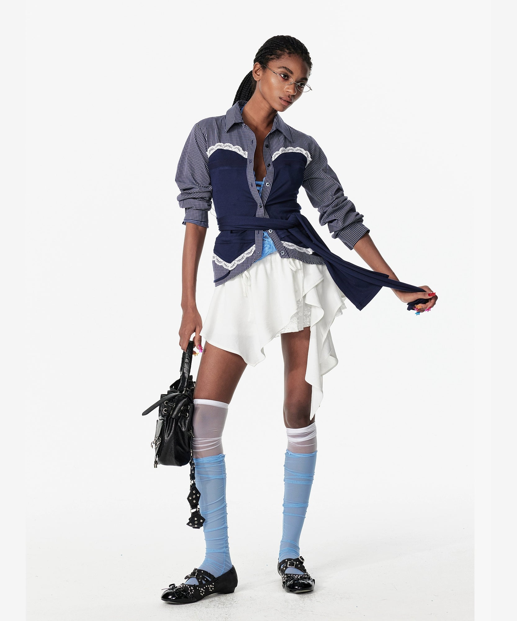 2th Desire芭蕾风少女蛋糕裙不规则撞色蕾丝花边抽绳短裙半身裙女