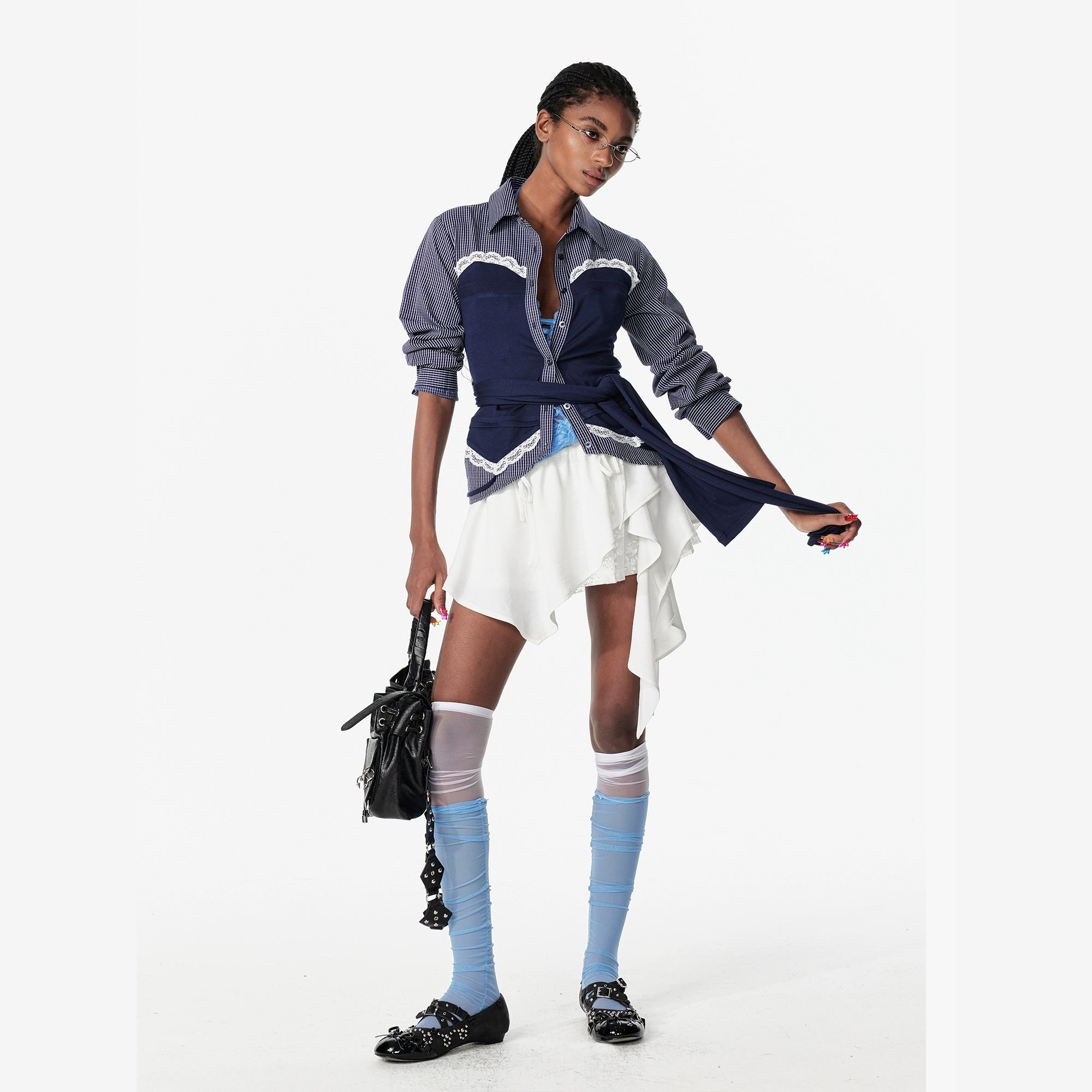 2th Desire芭蕾风少女蛋糕裙不规则撞色蕾丝花边抽绳短裙半身裙女