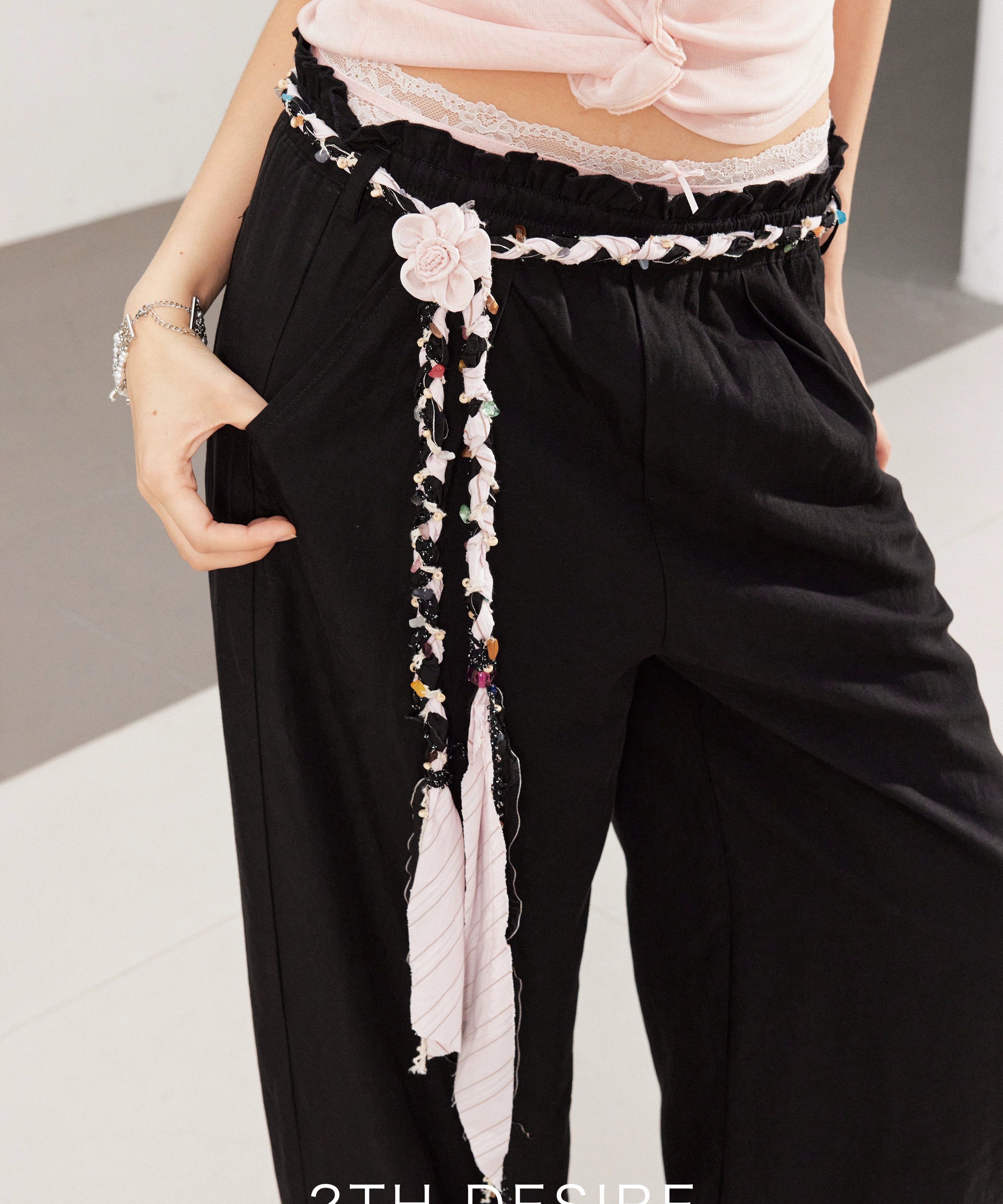 2th Desire复古手工编织亚麻腰带撞色条纹串珠彩色石头流浪感腰绳