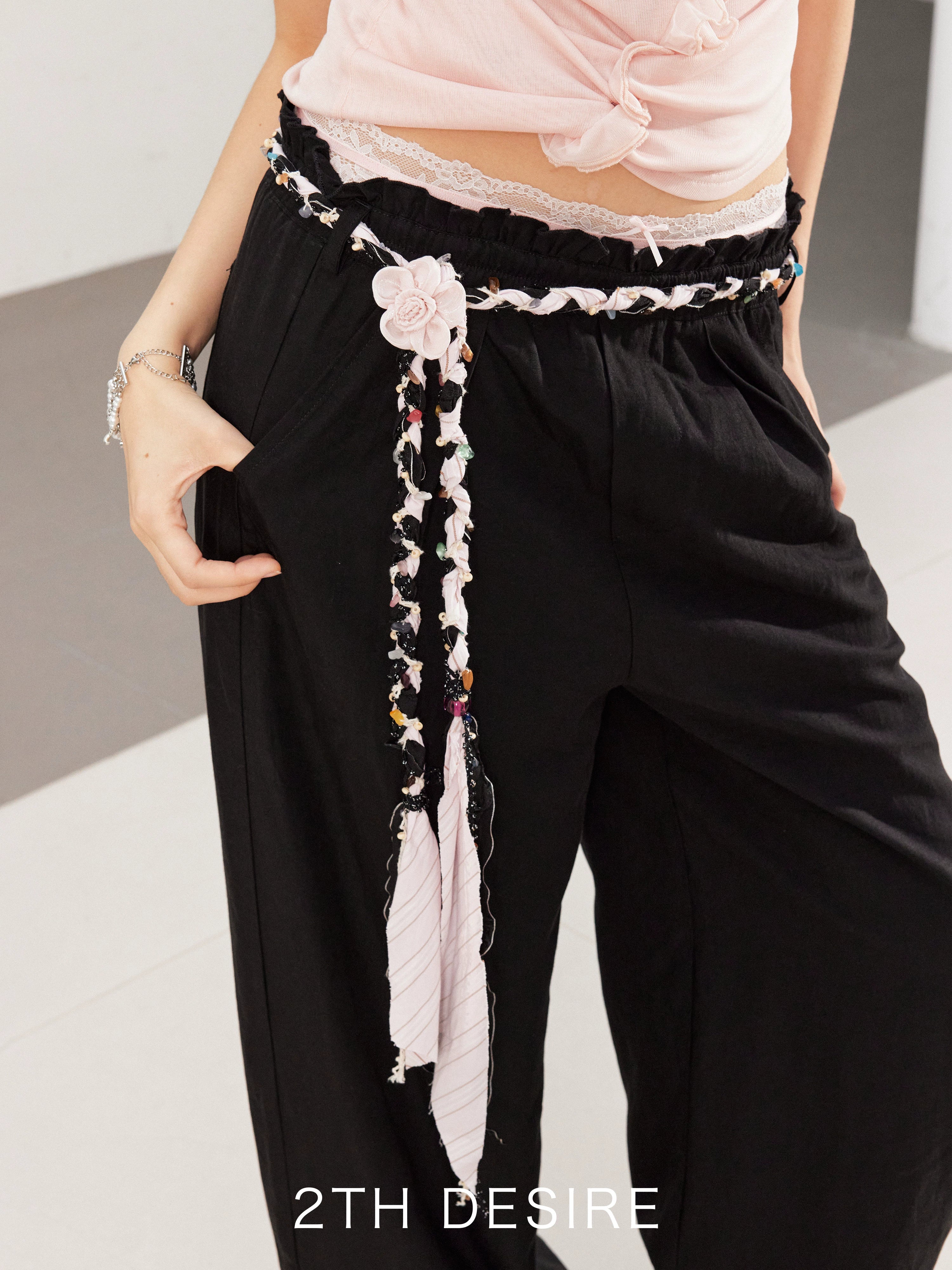 2th Desire复古手工编织亚麻腰带撞色条纹串珠彩色石头流浪感腰绳