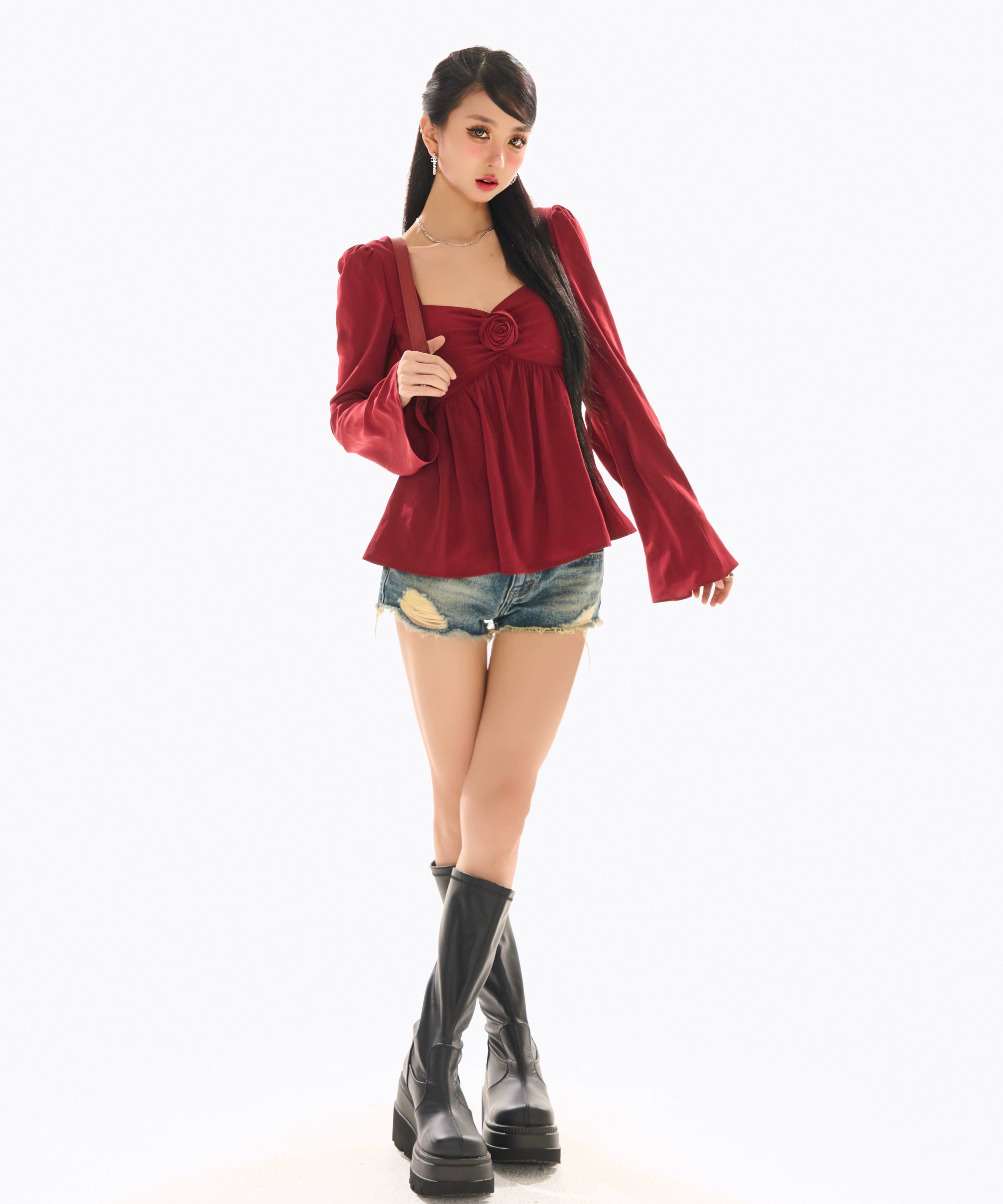 野生zerocircle红色法式别致小衫女春辣妹小众显瘦花朵喇叭袖上衣