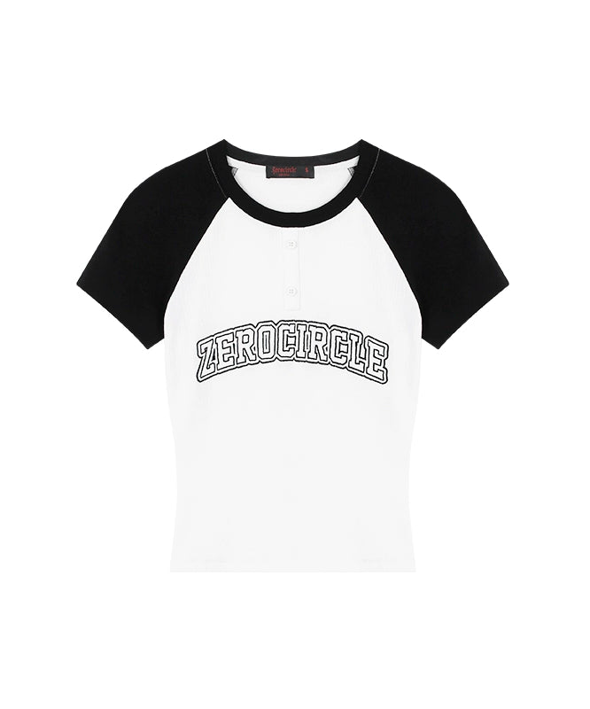 野生zero 撞色插肩短袖t恤女夏季辣妹韩系设计感刺绣修身显瘦上衣