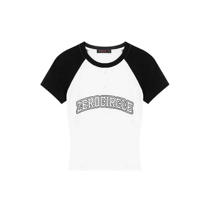 野生zero 撞色插肩短袖t恤女夏季辣妹韩系设计感刺绣修身显瘦上衣