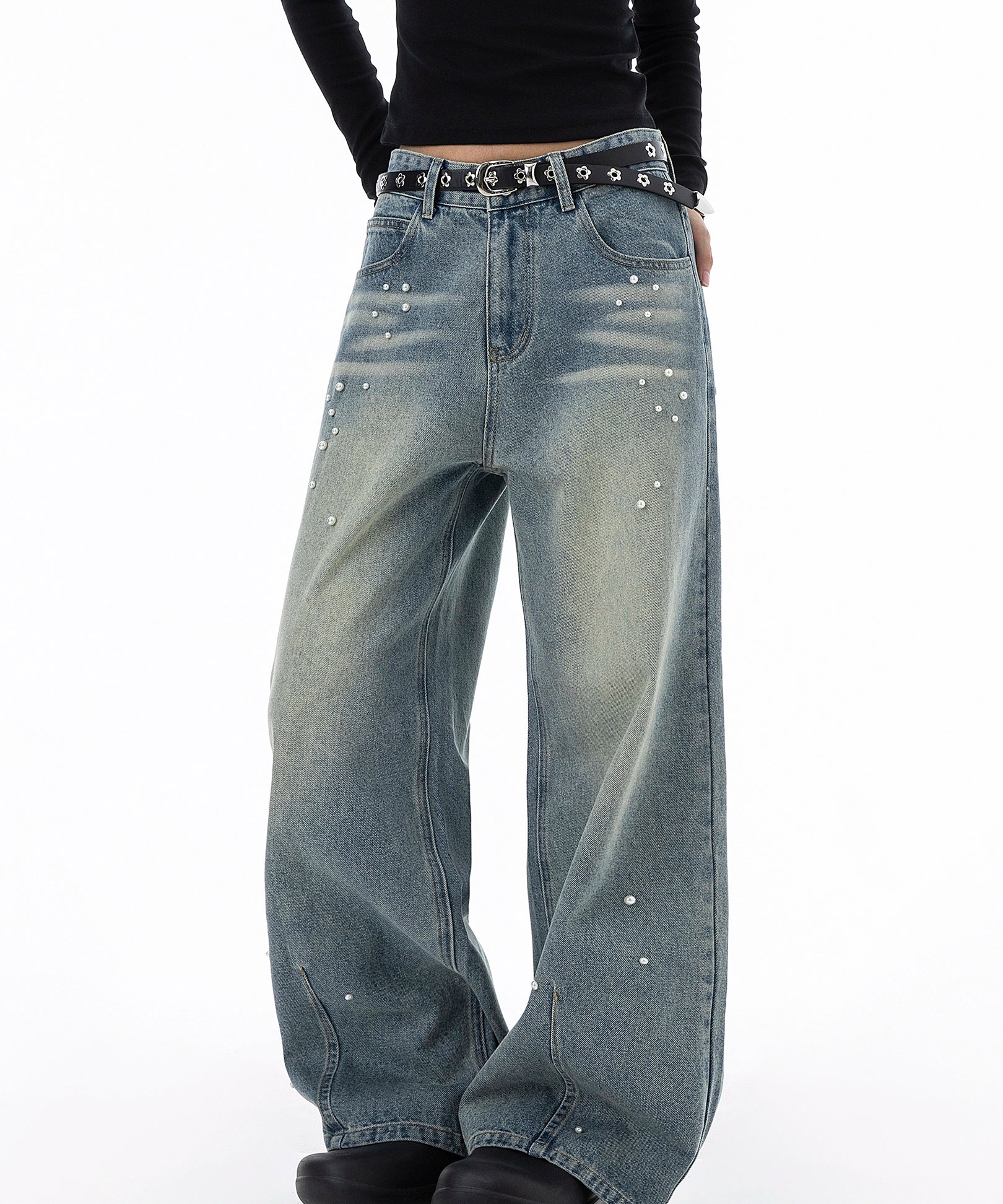 ICH MODE 美式复古珍珠牛仔裤女休闲裤宽松直筒裤子运动裤阔腿裤