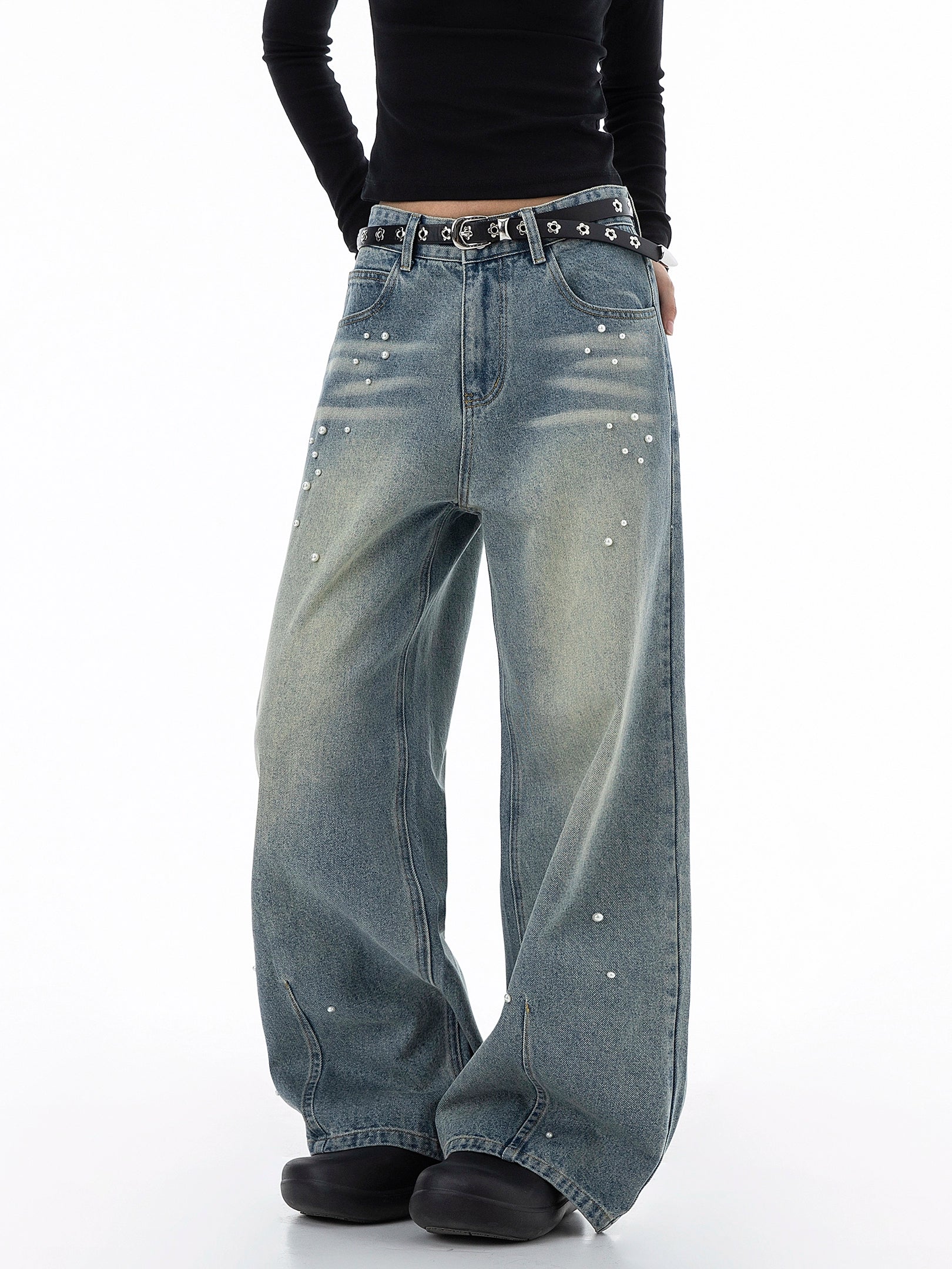 ICH MODE 美式复古珍珠牛仔裤女休闲裤宽松直筒裤子运动裤阔腿裤