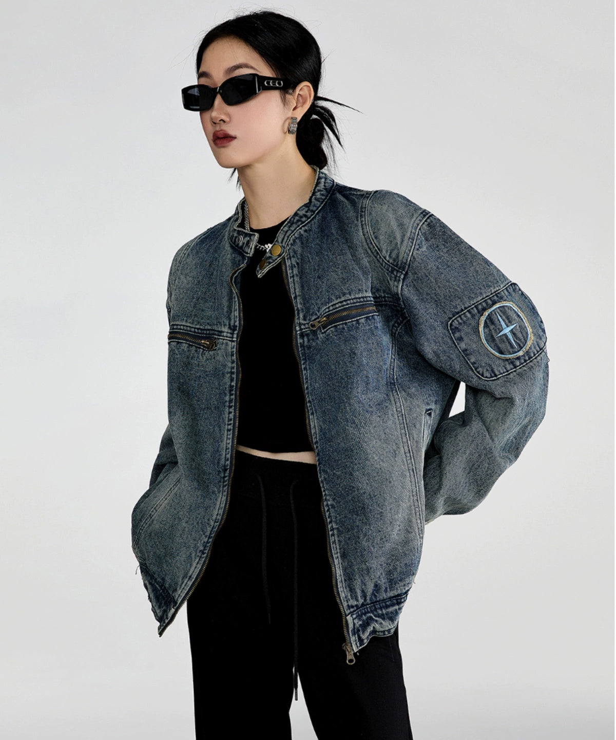 ICH MODE 美式复古做旧水洗牛仔外套女潮牌高街宽松休闲工装夹克
