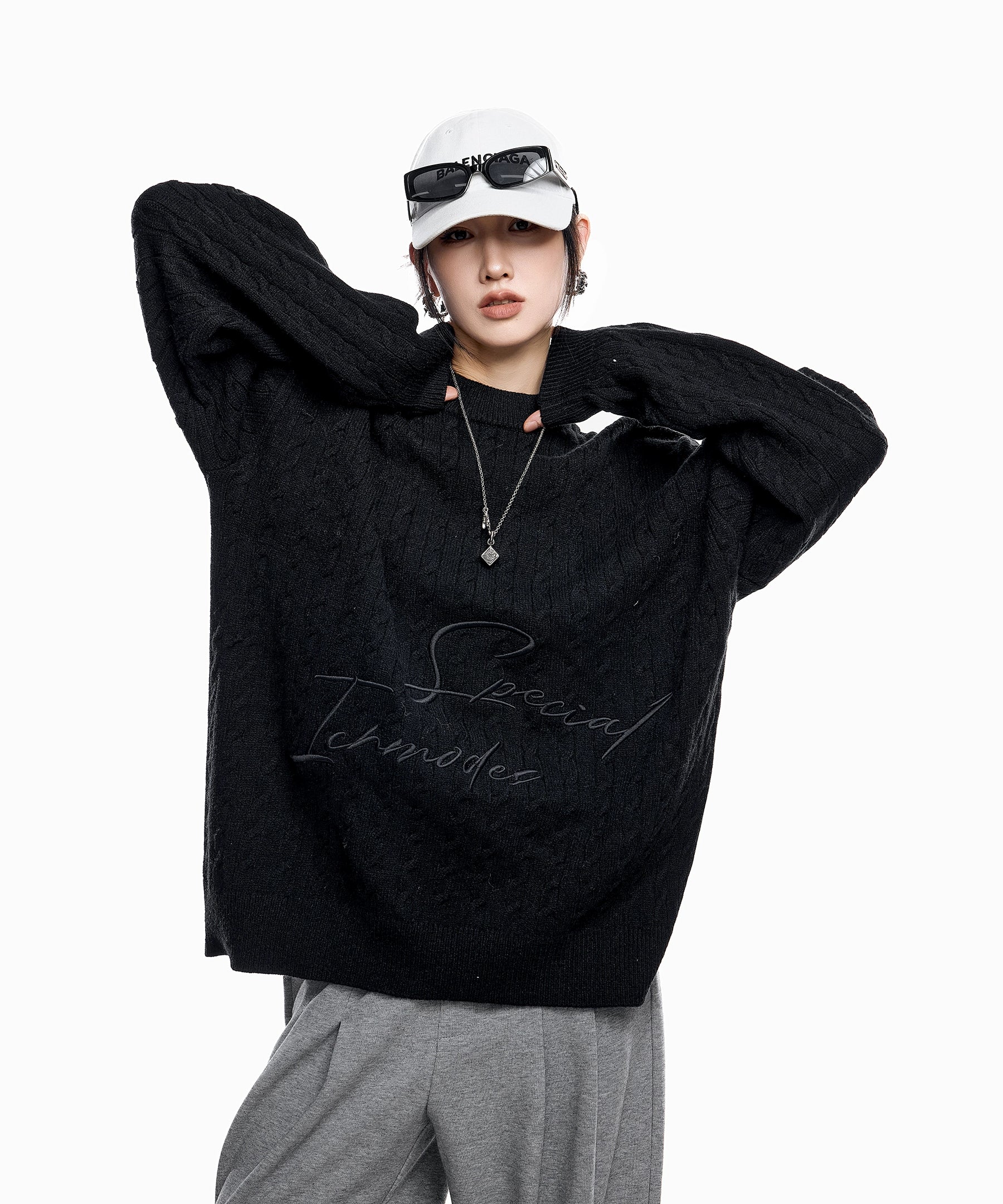 ICH MODE 美式复古慵懒刺绣麻花毛衣女秋冬休闲圆领毛针织衫上衣