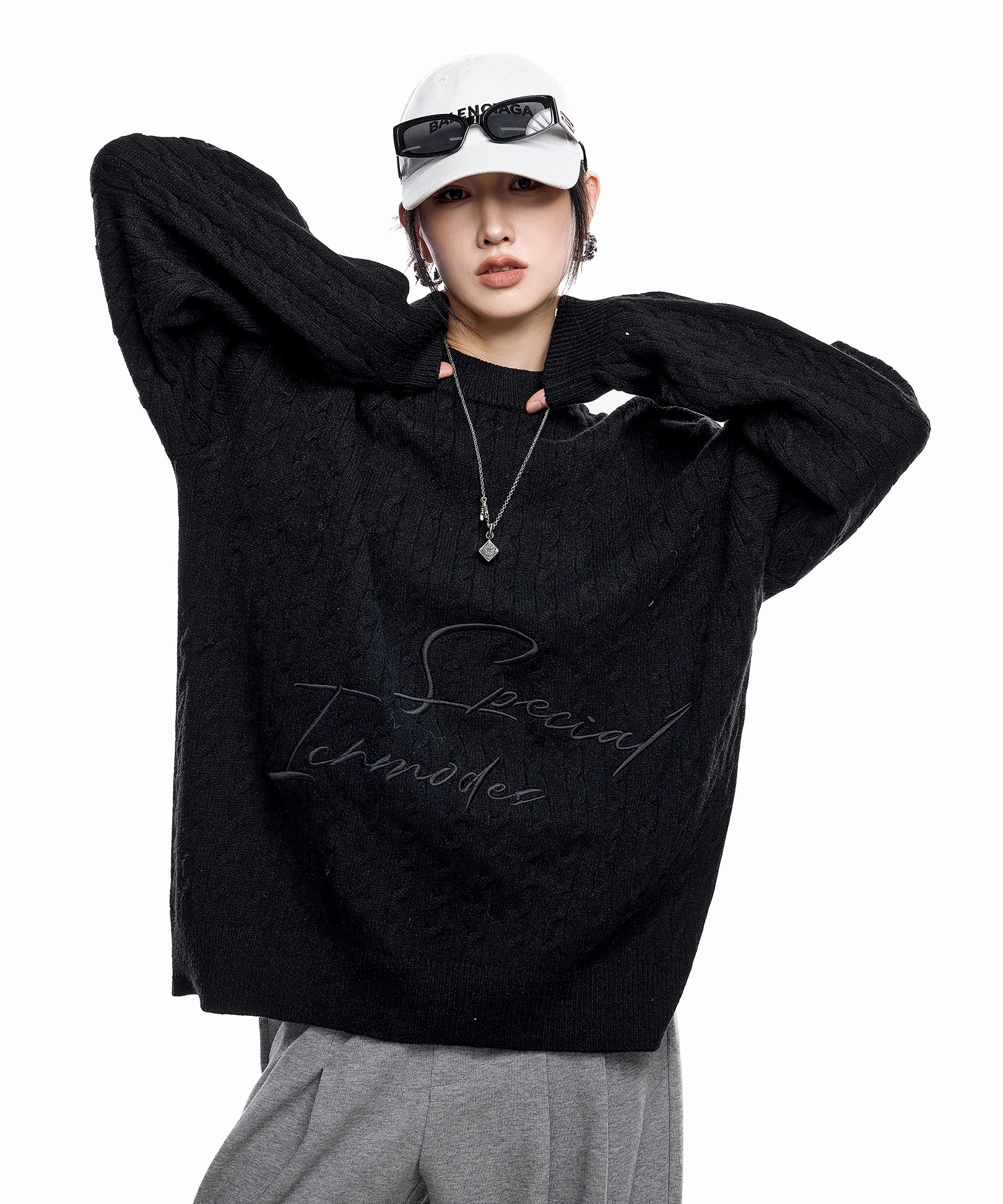 ICH MODE 美式复古慵懒刺绣麻花毛衣女秋冬休闲圆领毛针织衫上衣