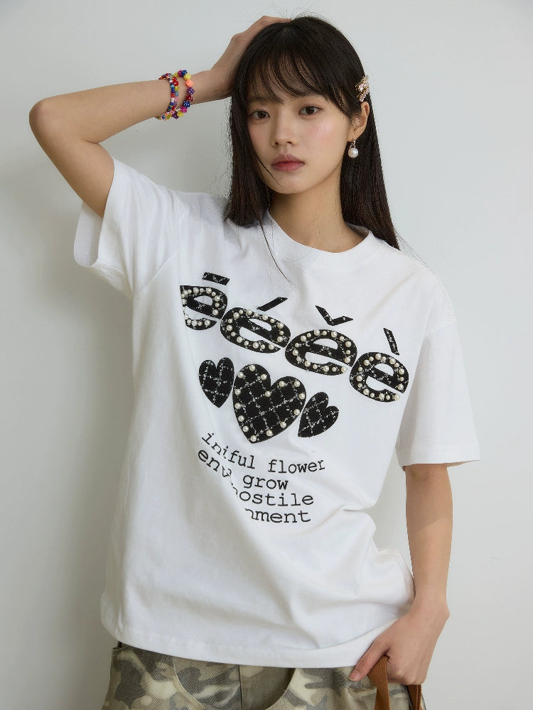 “爱纯”| eeee小香风爱心贴布短袖美式设计感珍珠钉珠字母T恤夏