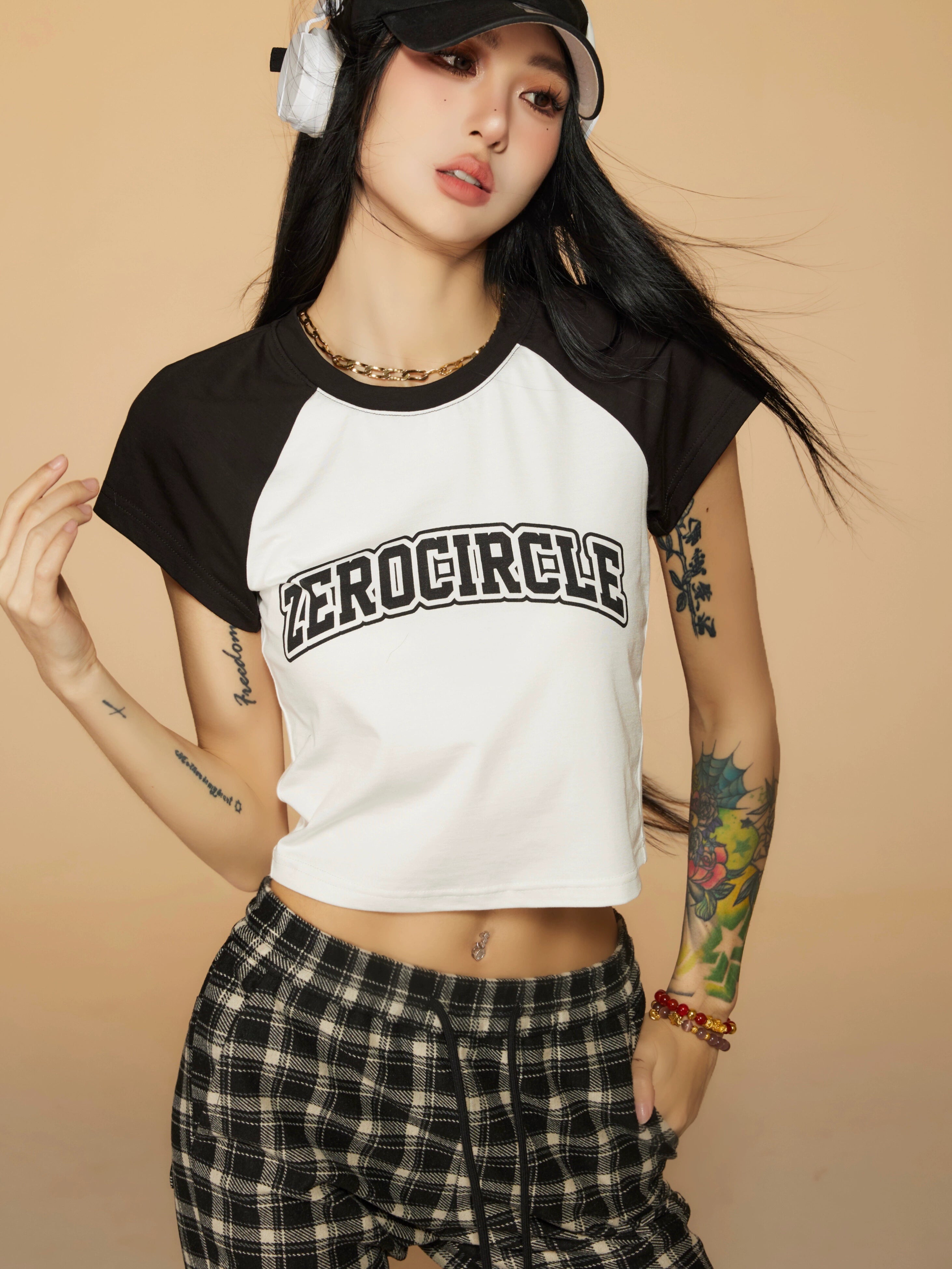 野生zerocircle 撞色插肩短袖t恤女春夏辣妹韩系宽松显瘦短款上衣