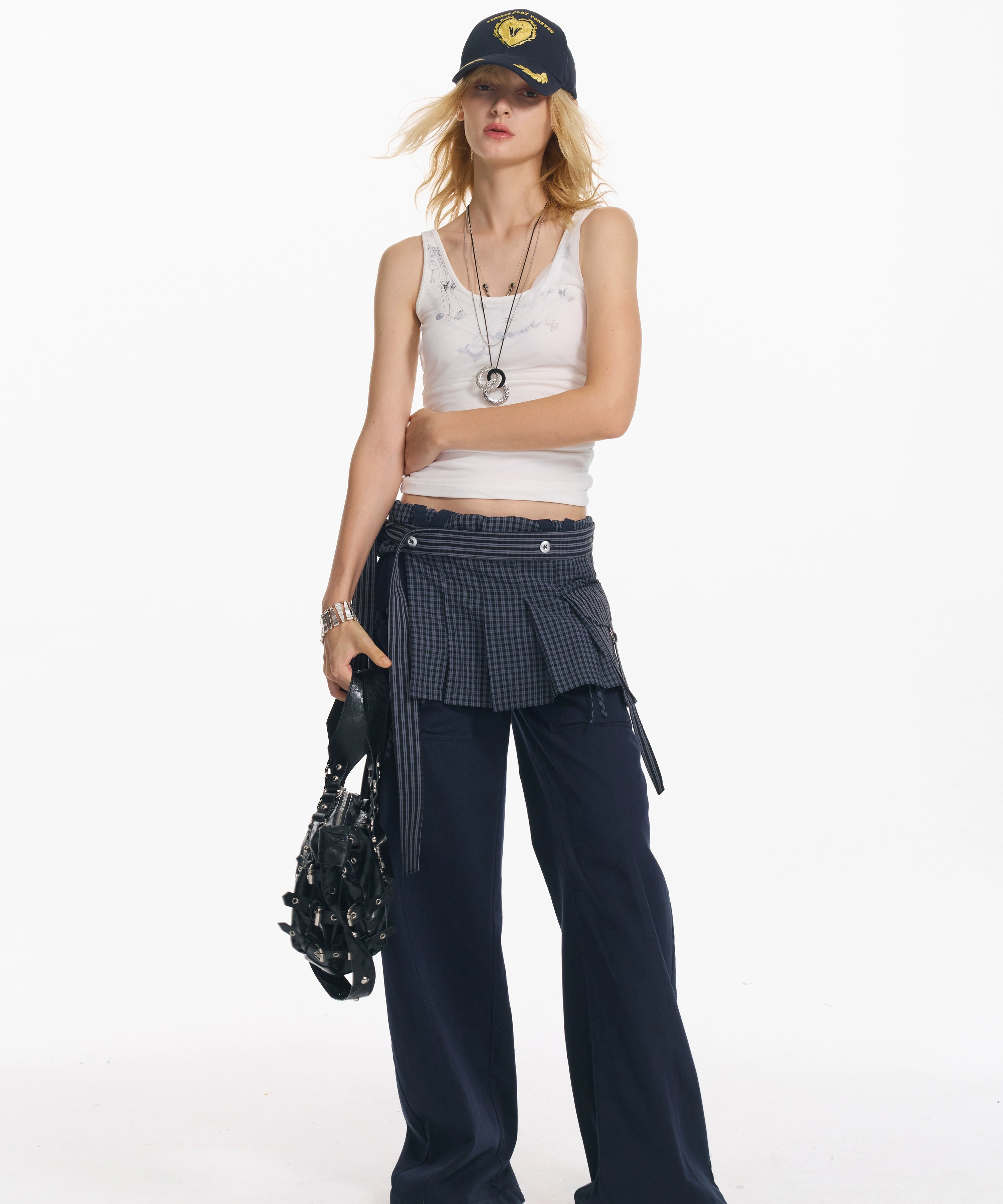 2th Desire 复古设计感小众一片式格纹叠穿绣花绑带屁帘小罩裙女