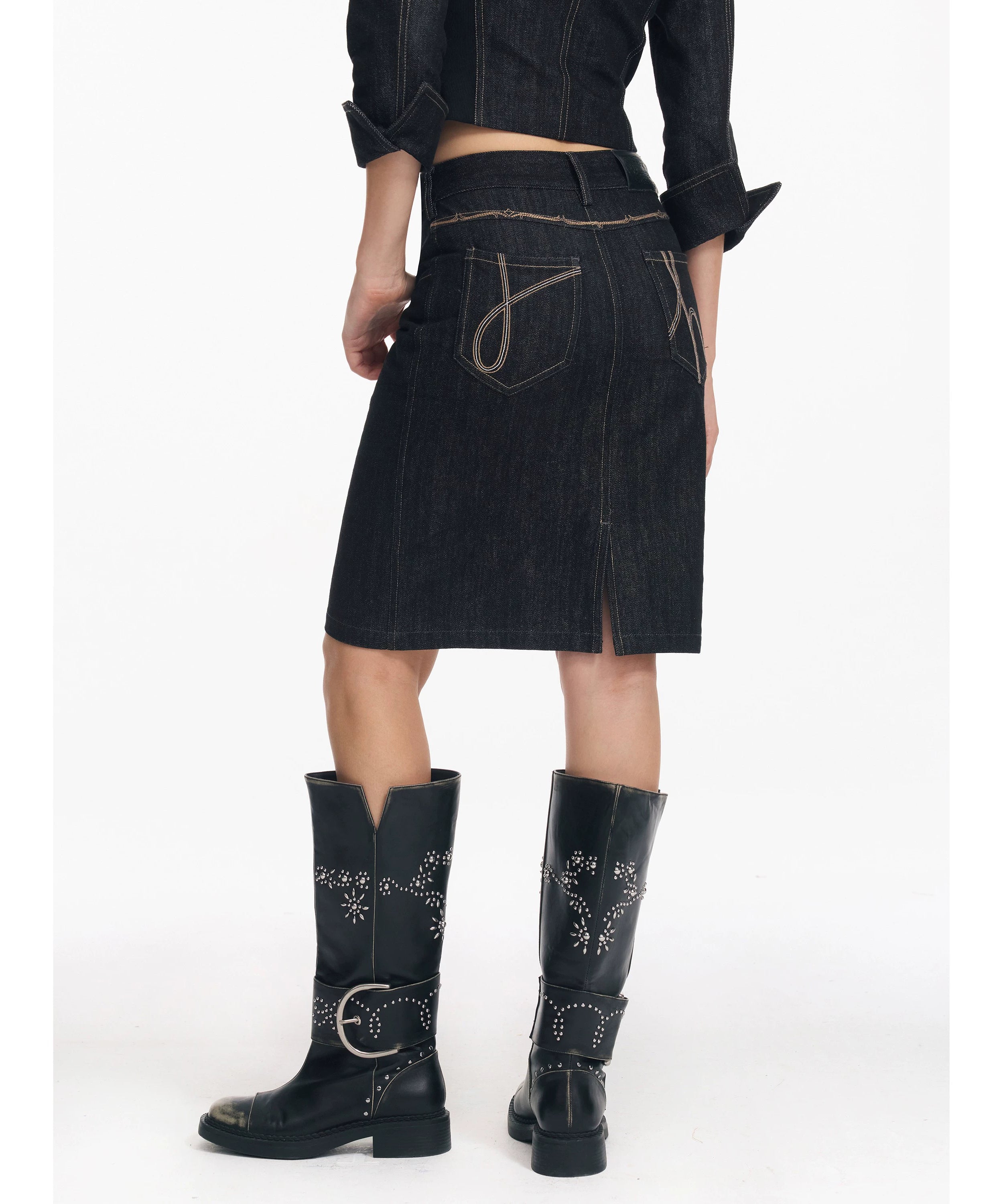 2th Desire重工原色明线复古水洗翻领夹克牛仔外套刺绣半裙套装