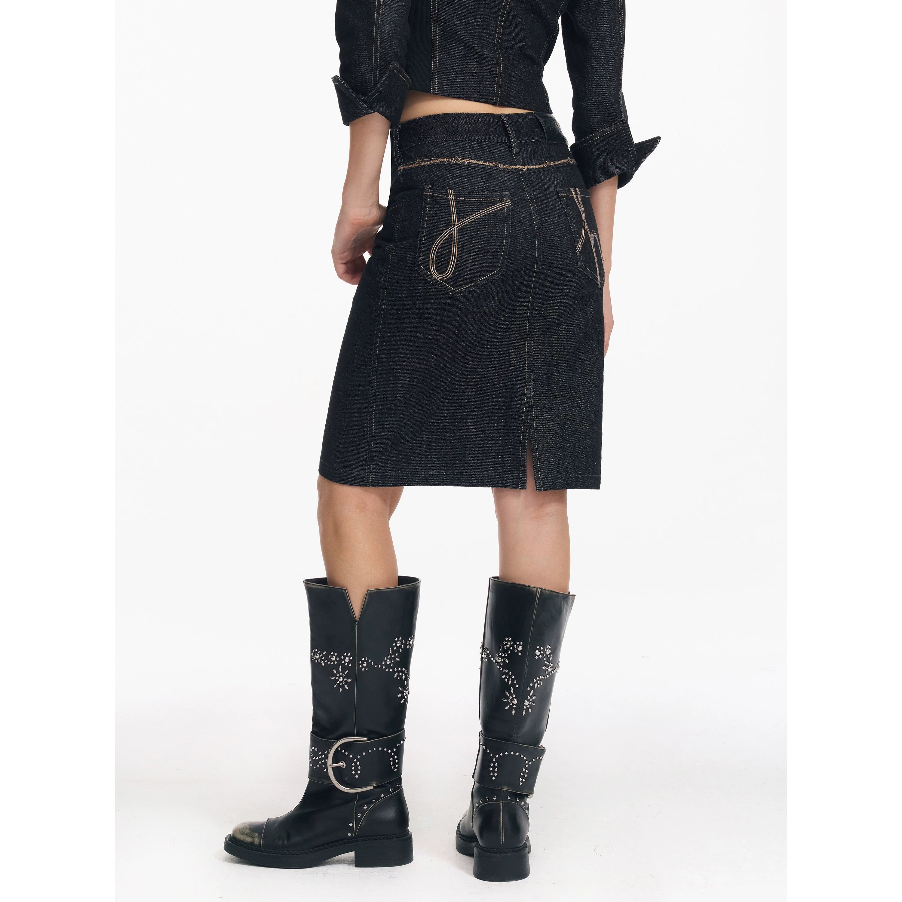 2th Desire重工原色明线复古水洗翻领夹克牛仔外套刺绣半裙套装