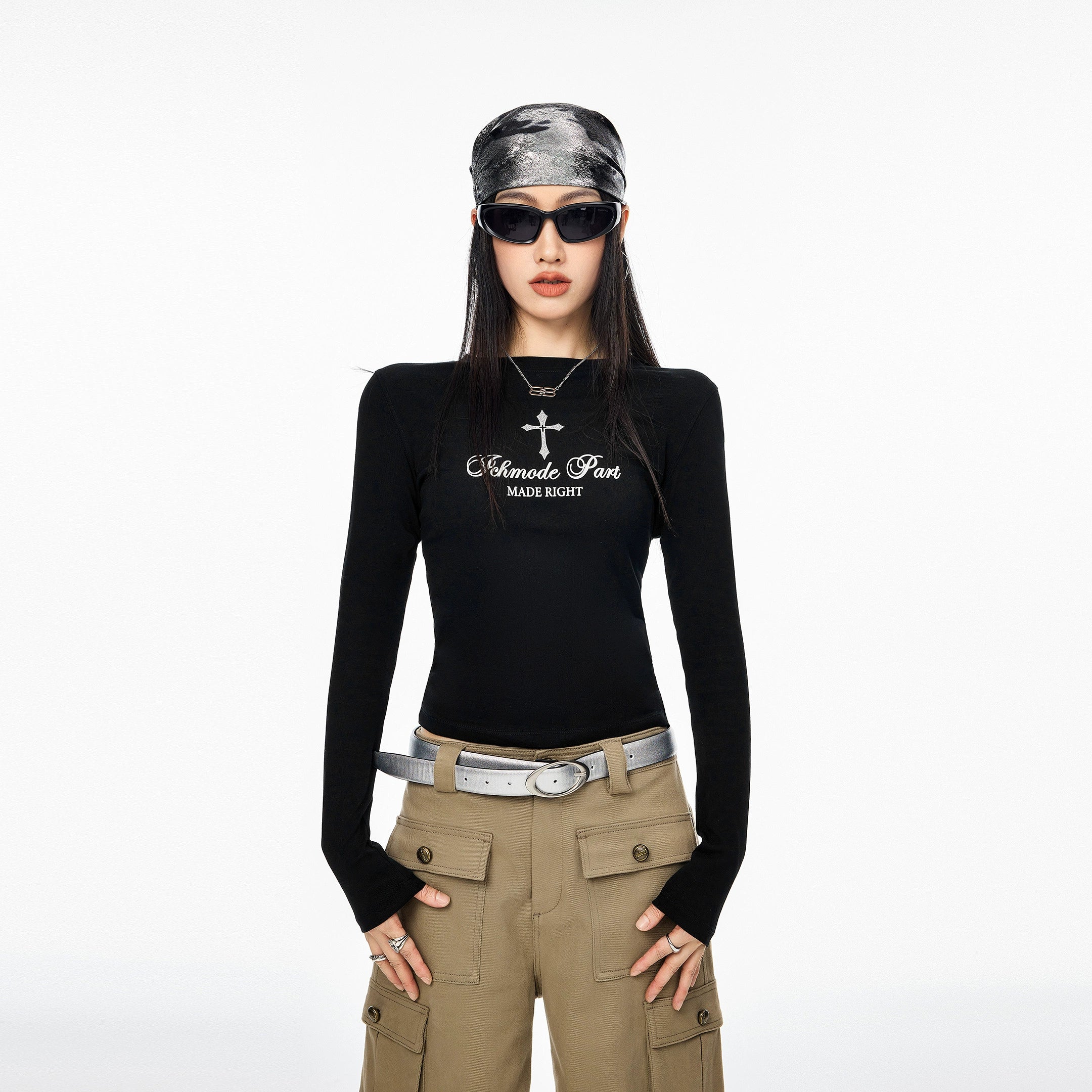 ICH MODE 美式十字架正肩长袖T恤女秋冬新款修身显瘦一字肩上衣