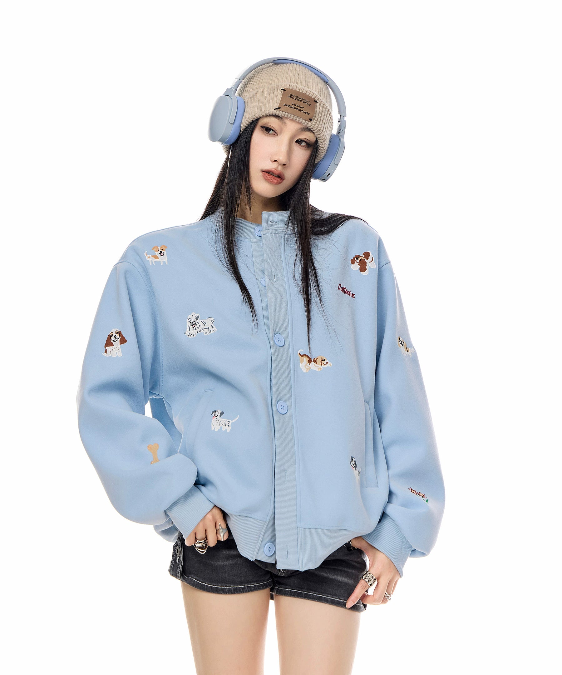 ICH MODE 美式复古小狗刺绣棒球领外套女2025秋冬季卫衣开衫上衣