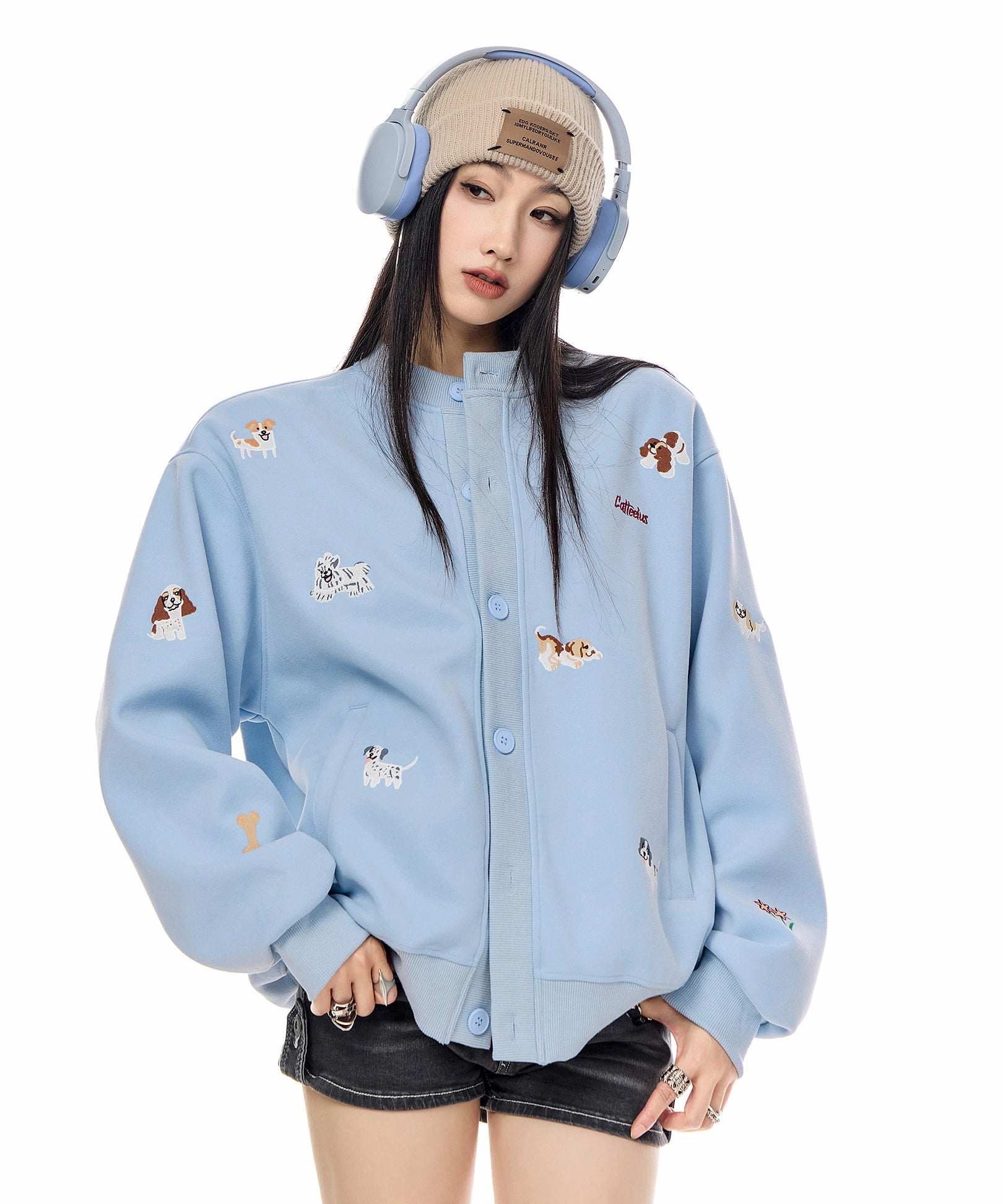 ICH MODE 美式复古小狗刺绣棒球领外套女2025秋冬季卫衣开衫上衣