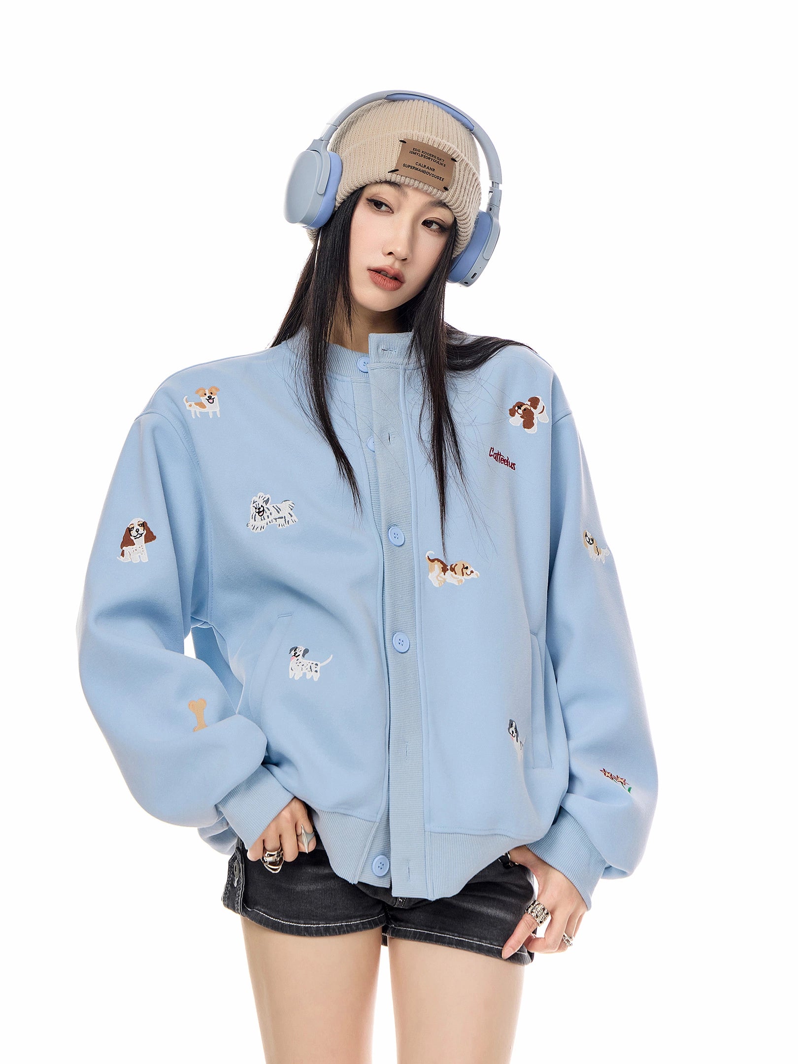 ICH MODE 美式复古小狗刺绣棒球领外套女2025秋冬季卫衣开衫上衣