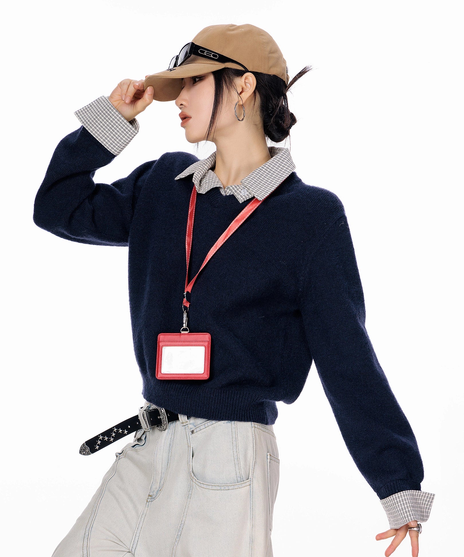 ICH MODE 美式复古假两件格子拼接毛衣女秋冬季毛针织衫POLO上衣