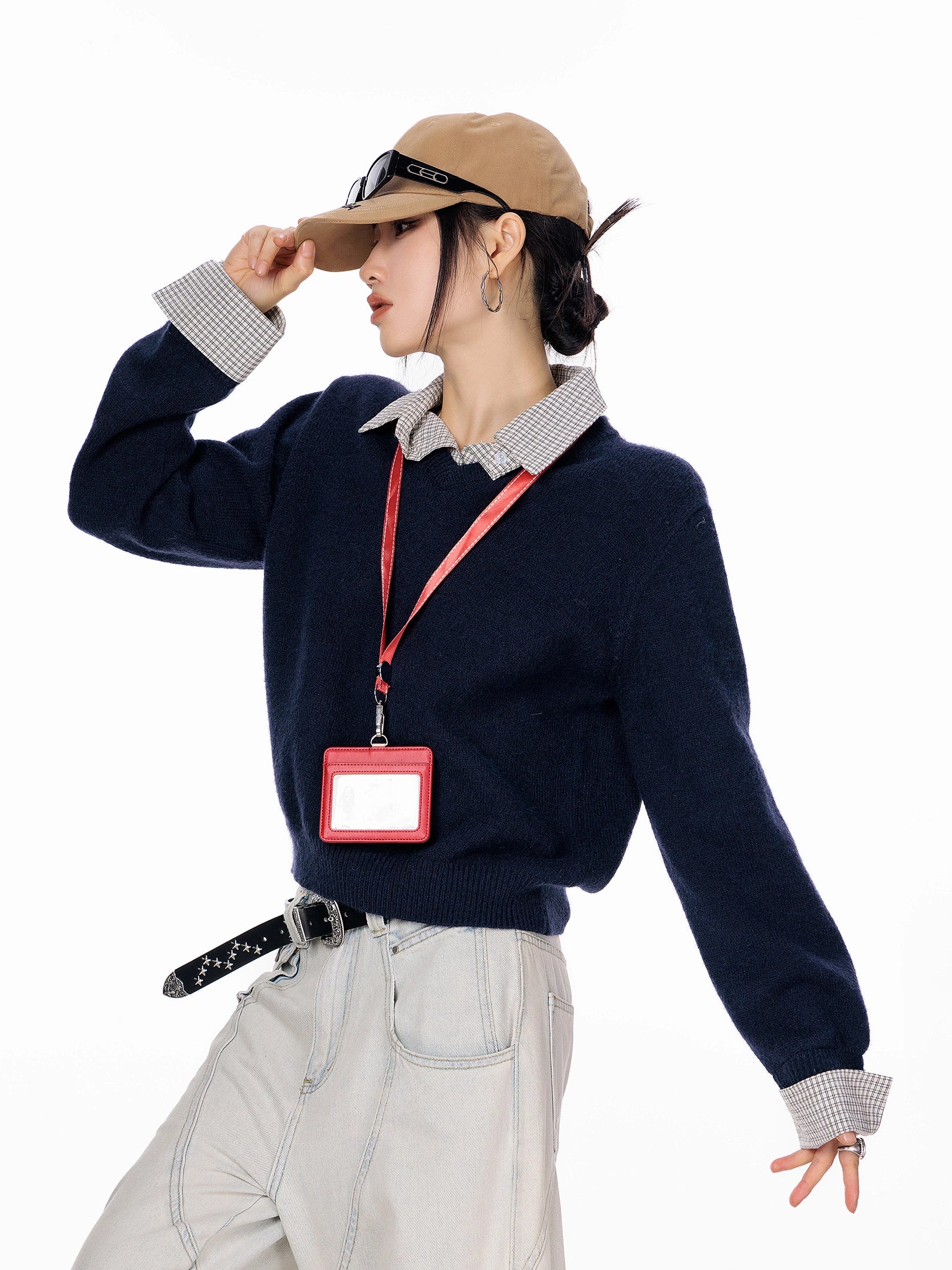 ICH MODE 美式复古假两件格子拼接毛衣女秋冬季毛针织衫POLO上衣