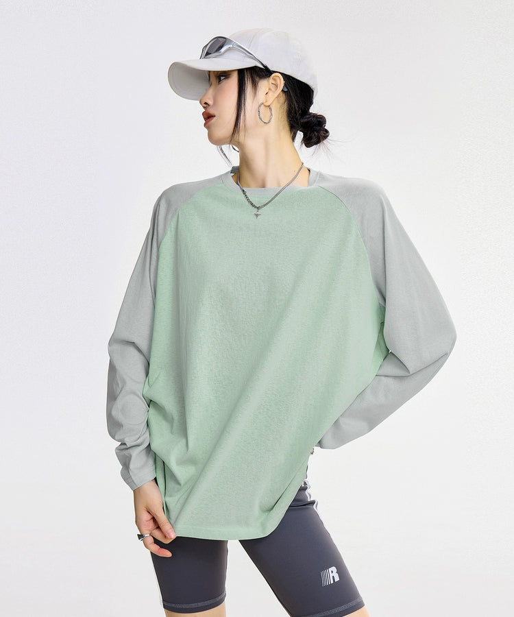 ICH MODE 美式复古插肩袖长袖T恤女夏季新款宽松拼接撞色圆领上衣