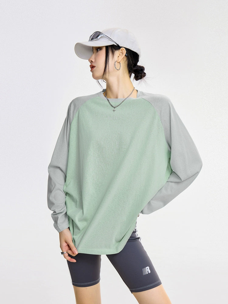 ICH MODE 美式复古插肩袖长袖T恤女夏季新款宽松拼接撞色圆领上衣