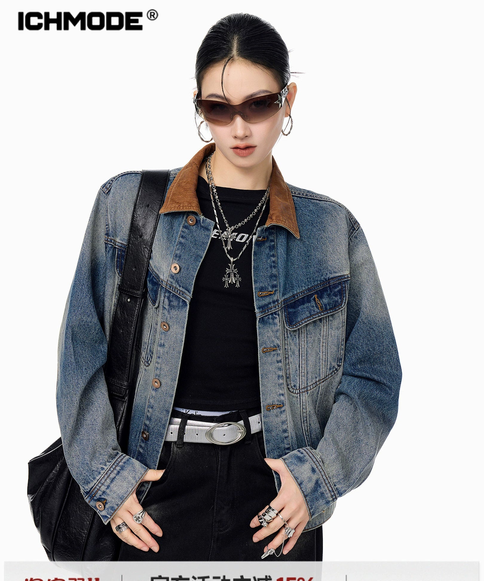 ICH MODE 美式复古水洗做旧牛仔外套女2025秋冬新款翻领夹克上衣