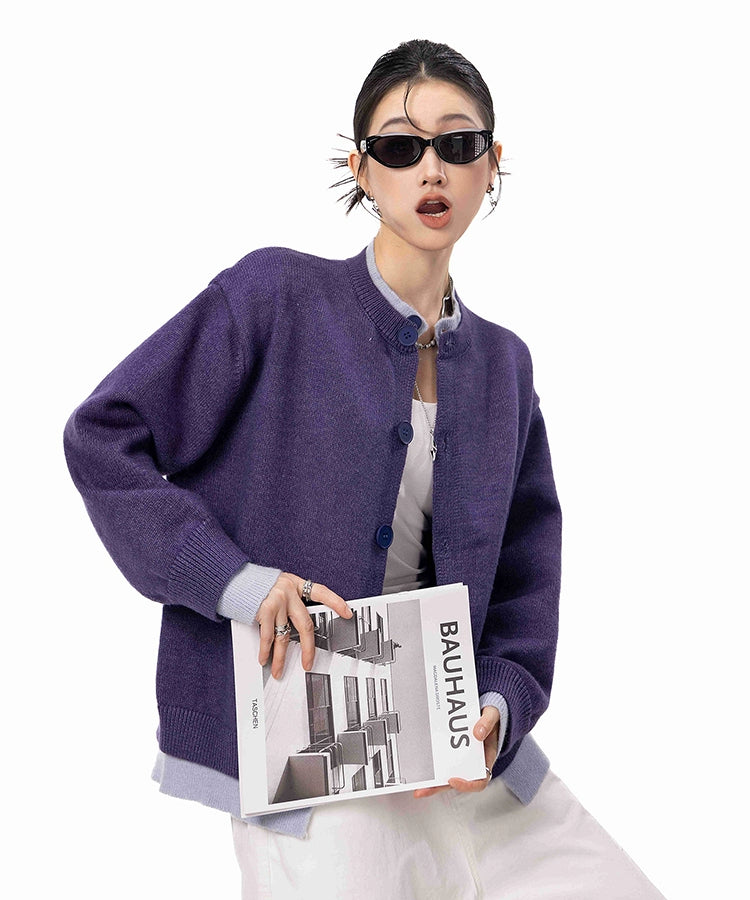 ICH MODE 美式假两件毛针织衫女2025年新款秋冬开衫毛衣长袖外套