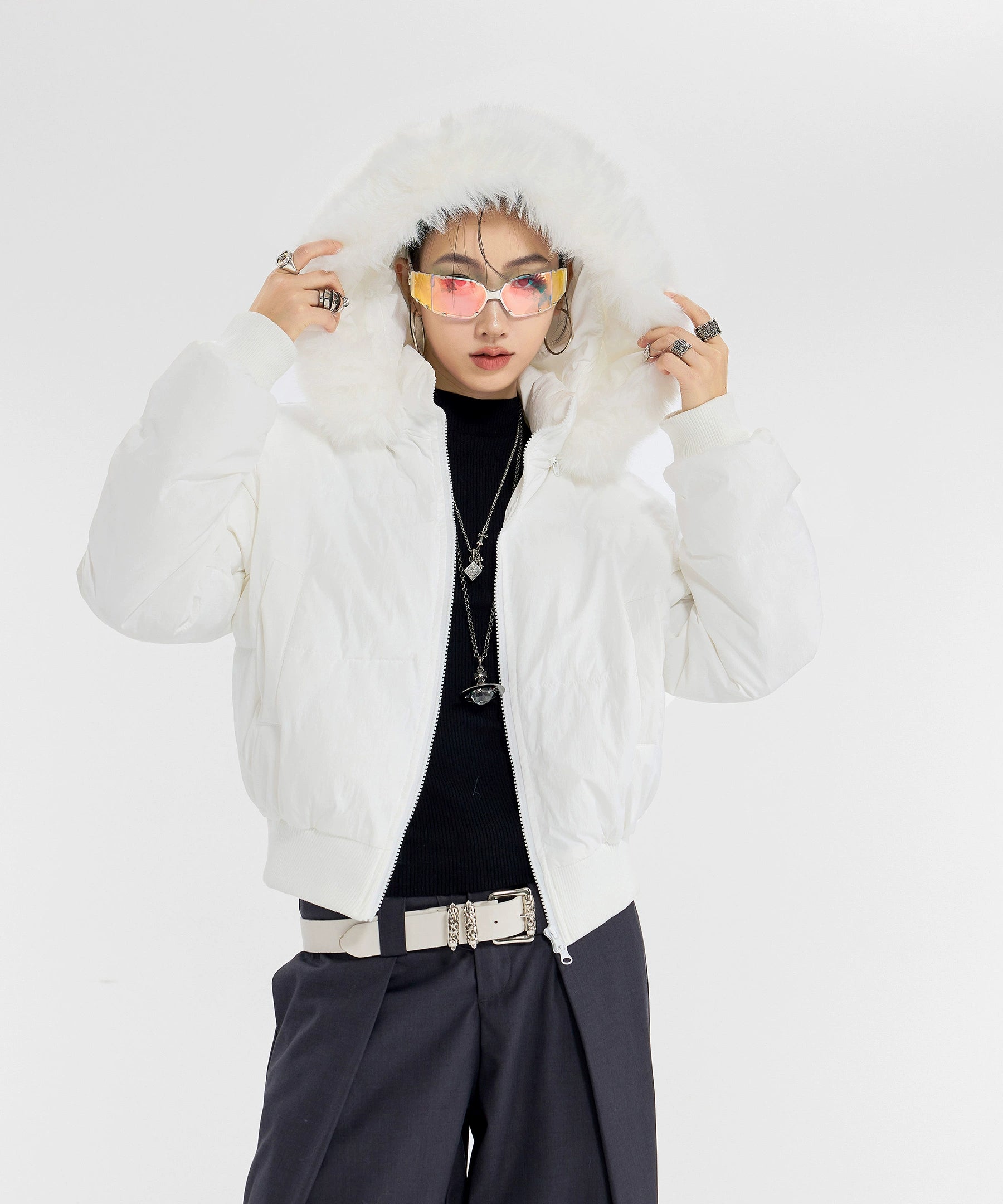 ICH MODE 美式复古大毛领短款棉服女秋冬季连帽开衫棉袄修身外套