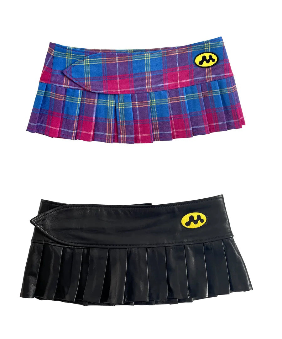 （晚安安）现货mowalola多文化辣妹格纹/皮裙  百褶裙 腰部可调节