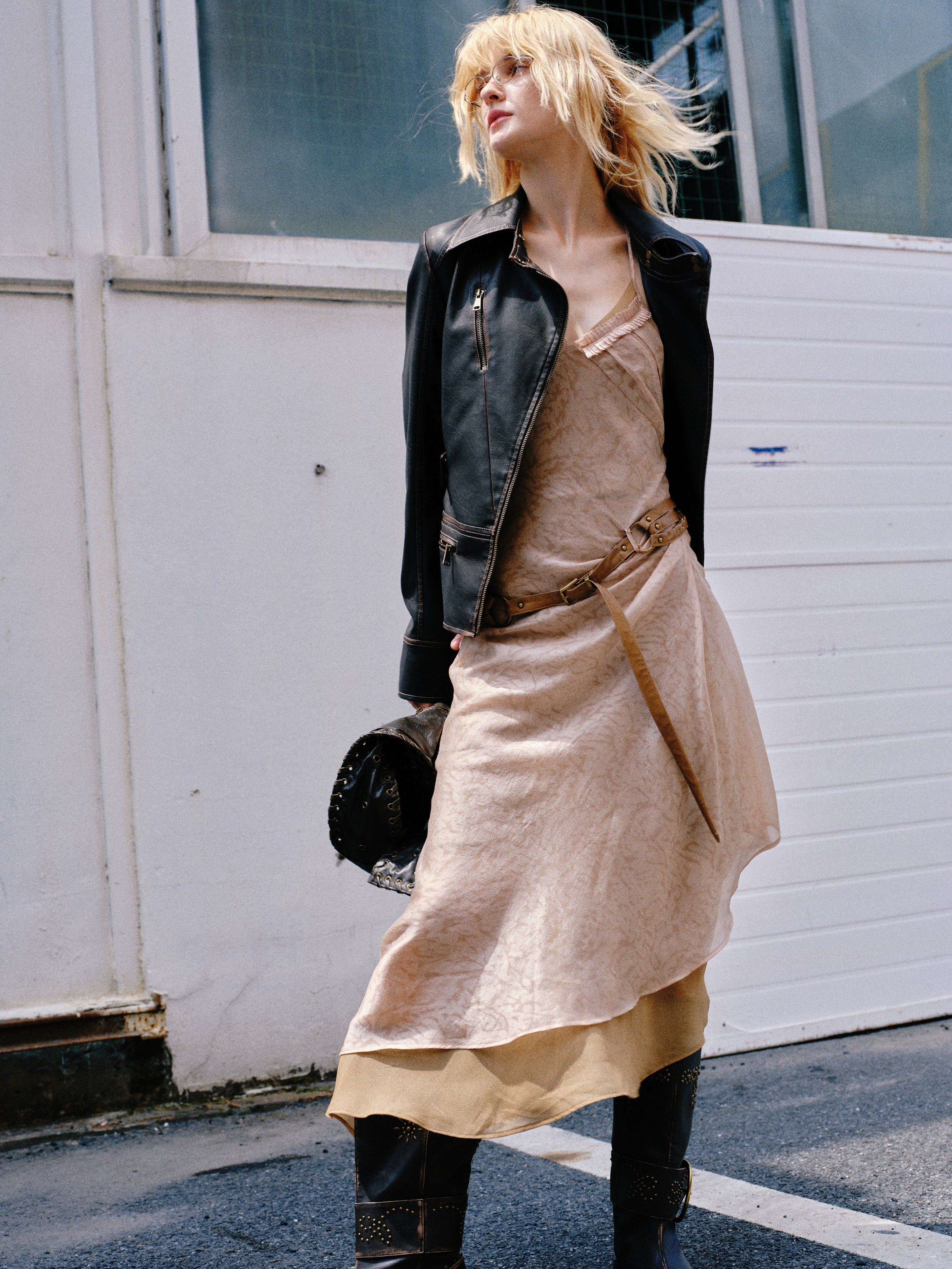 2th Desire原创复古印花双层不规则下摆挂脖吊带收腰长款连衣裙