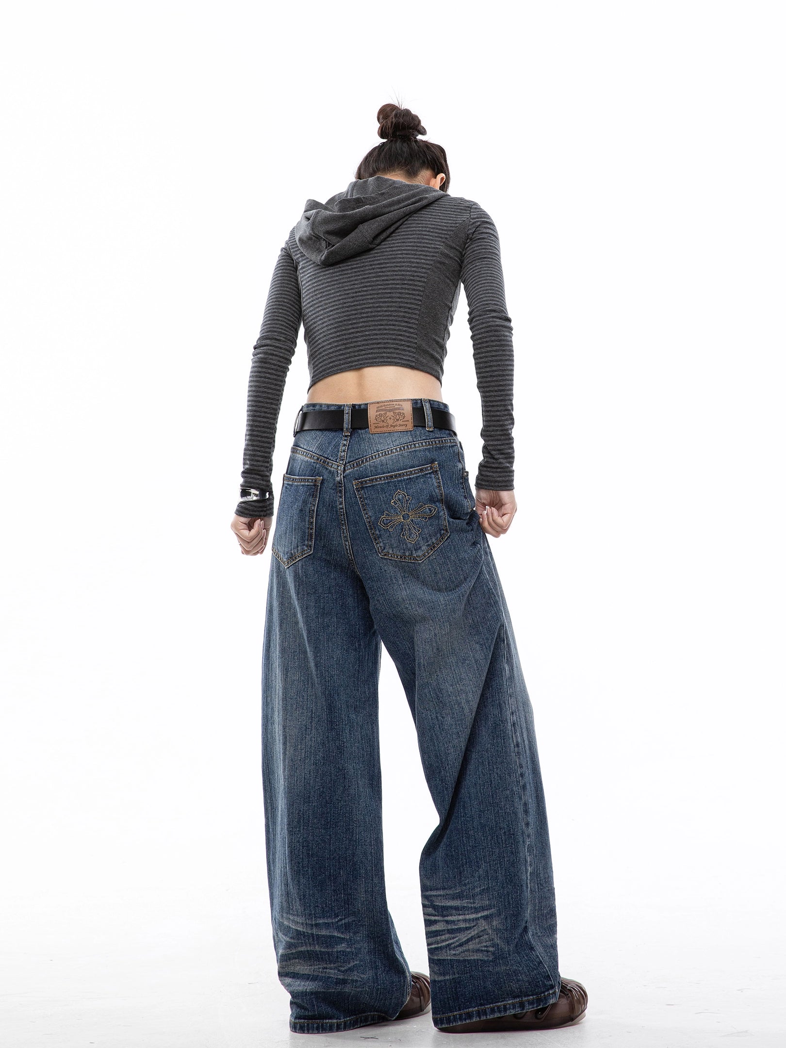 ICH MODE 美式复古水洗蓝牛仔裤女秋冬宽松直筒裤百搭休闲阔腿裤