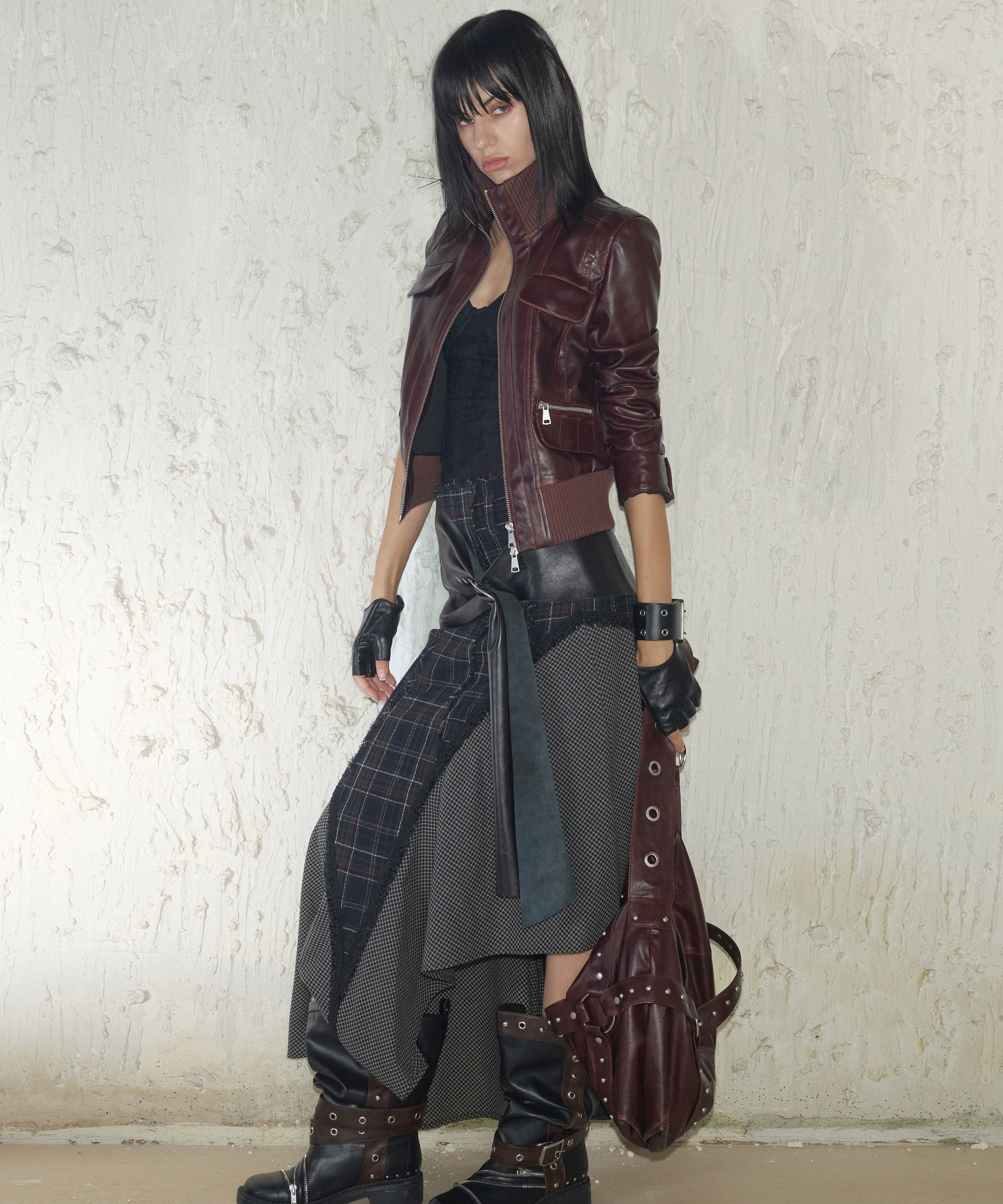 2th Desire100羊毛格纹撞色拼接毛边秋冬a字毛呢不规则长款半身裙