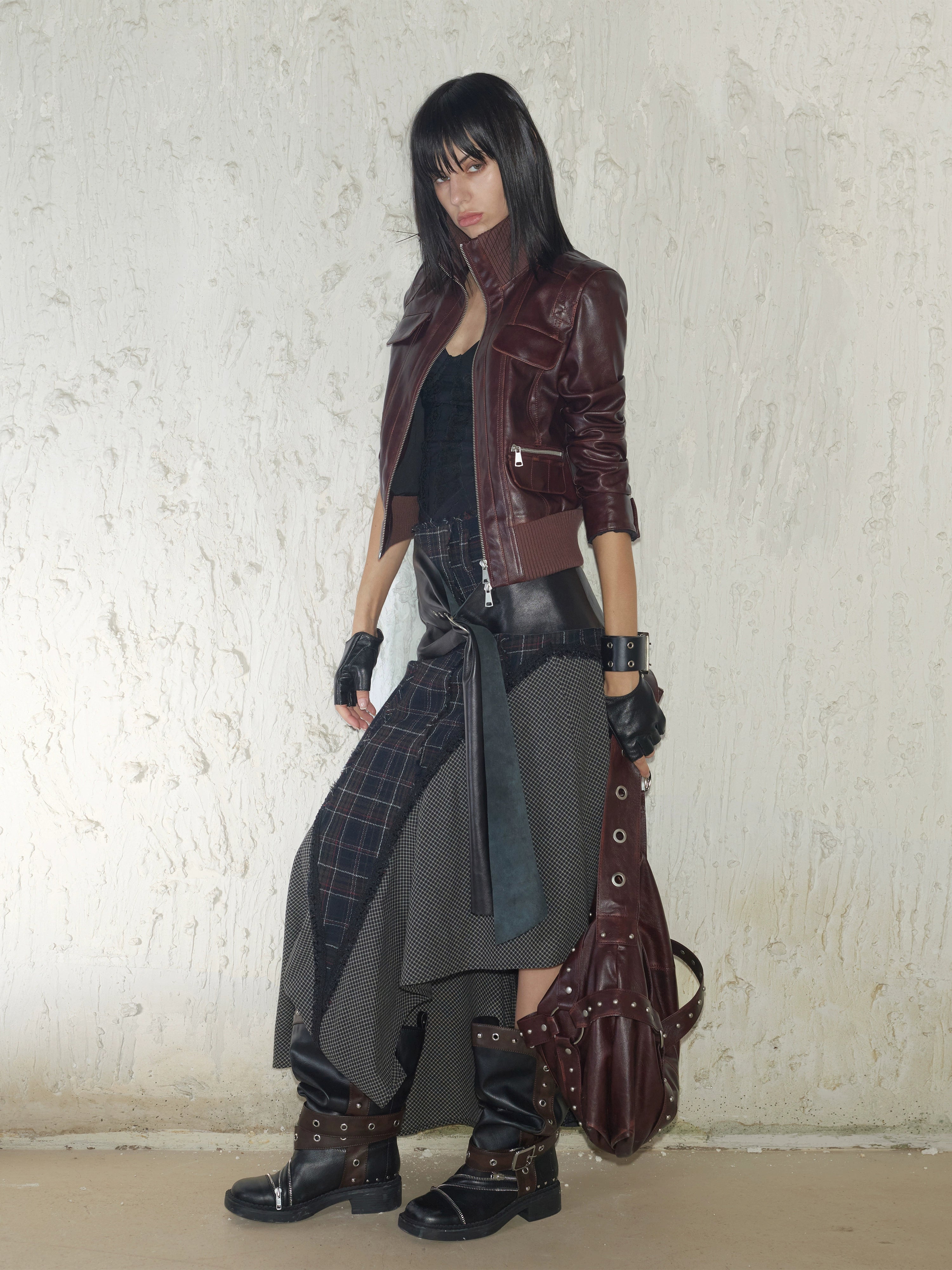 2th Desire100羊毛格纹撞色拼接毛边秋冬a字毛呢不规则长款半身裙