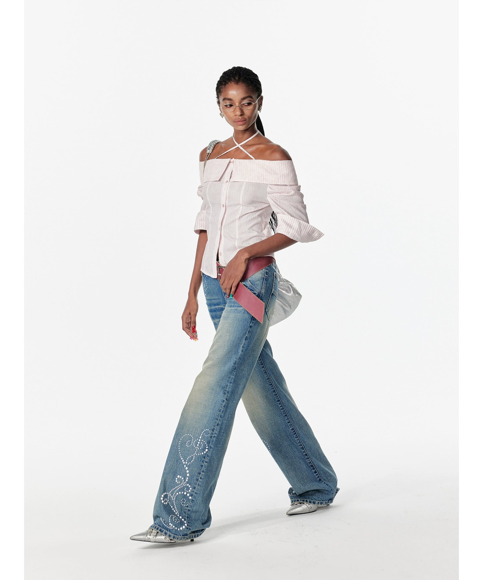 2th Desire美式复古重酵洗星落爱心烫钻低腰微喇浅色直筒牛仔裤女