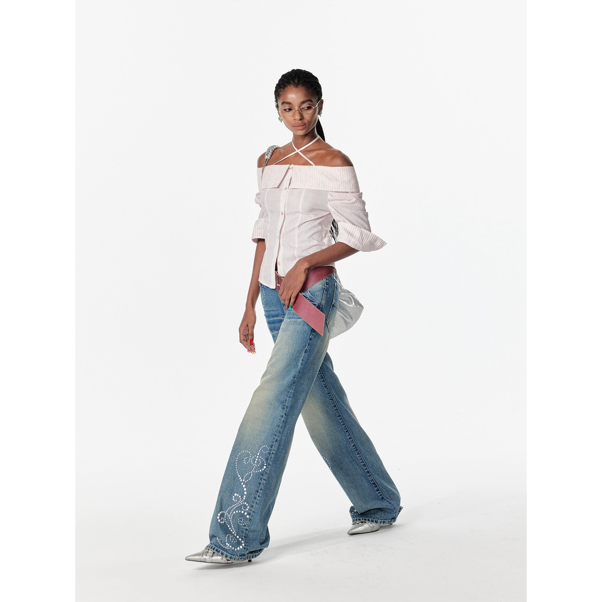 2th Desire美式复古重酵洗星落爱心烫钻低腰微喇浅色直筒牛仔裤女