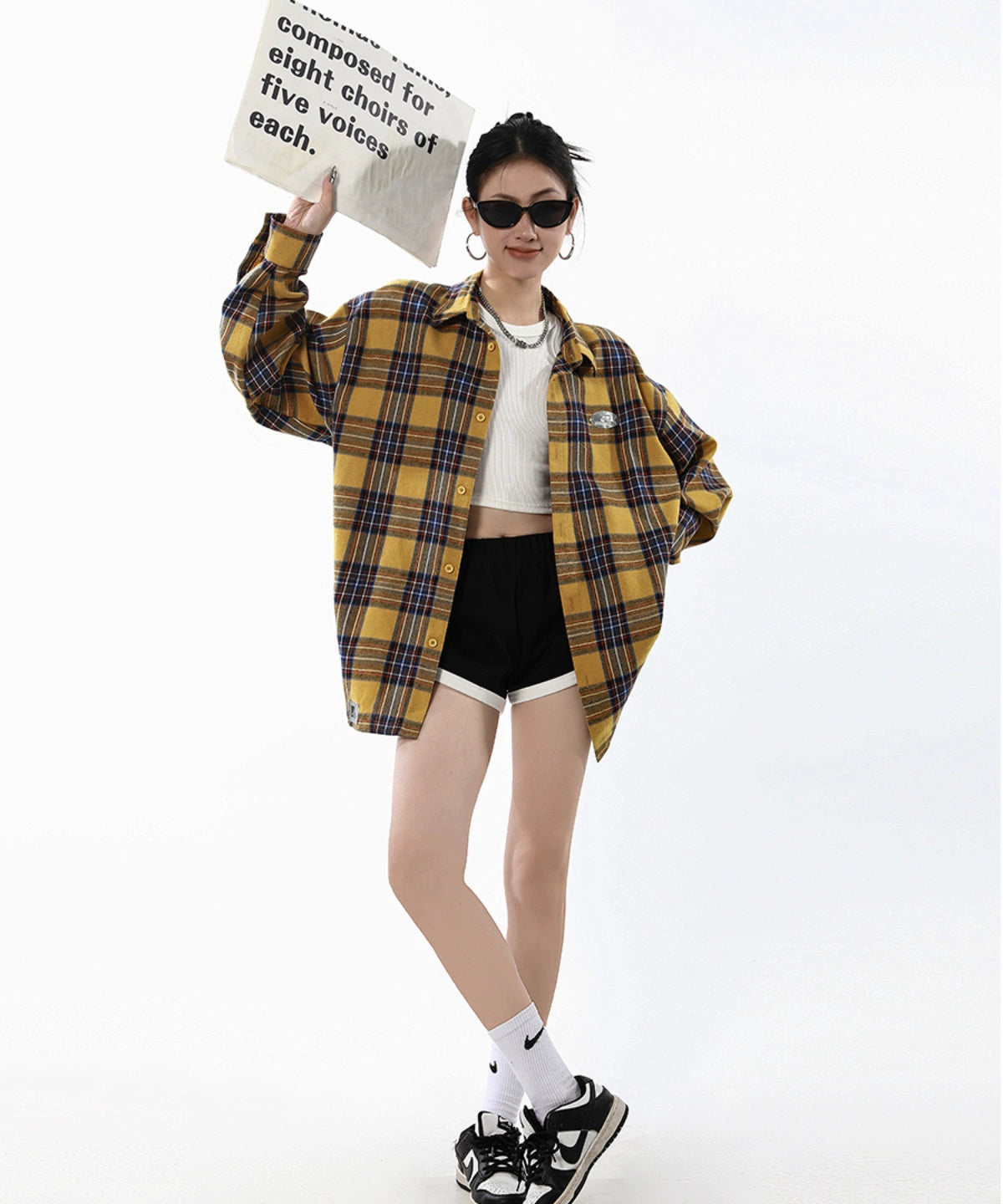 ICH MODE 美式复古格子衬衫女秋新款宽松流行百搭长袖衬衣外套