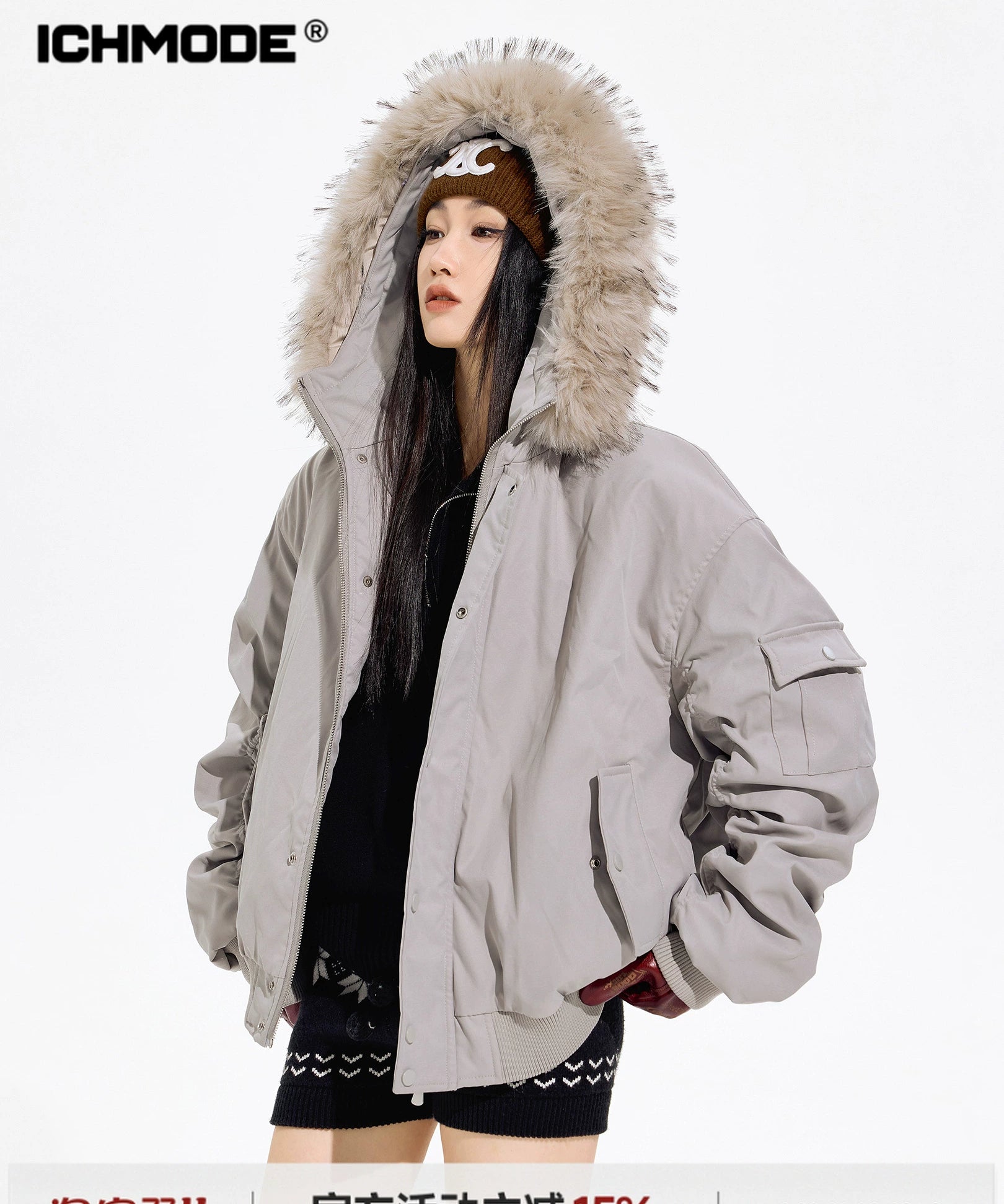 ICH MODE 美式复古毛领加厚棉服女秋冬季宽松保暖派克服棉衣外套