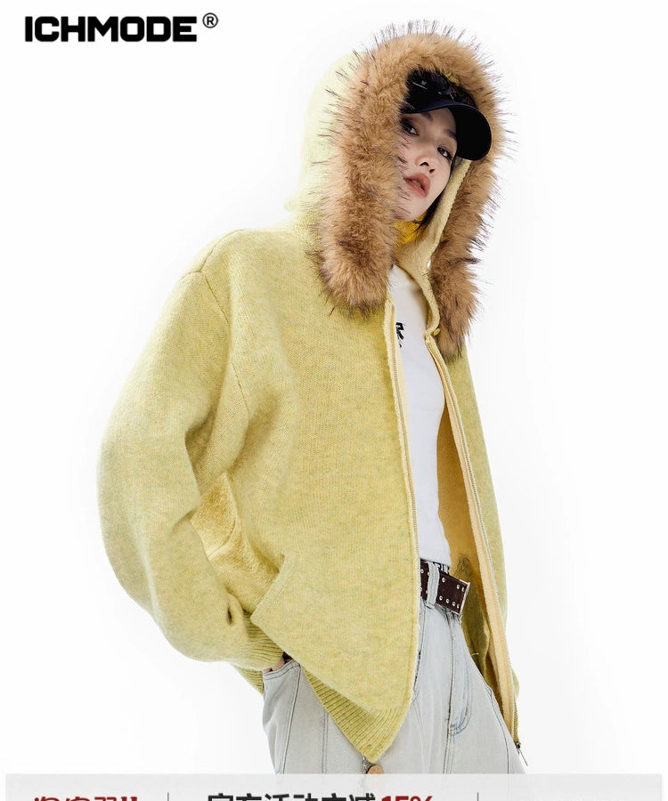 ICH MODE 美式可拆卸毛领黄色针织开衫女秋冬季宽松慵懒毛衣外套