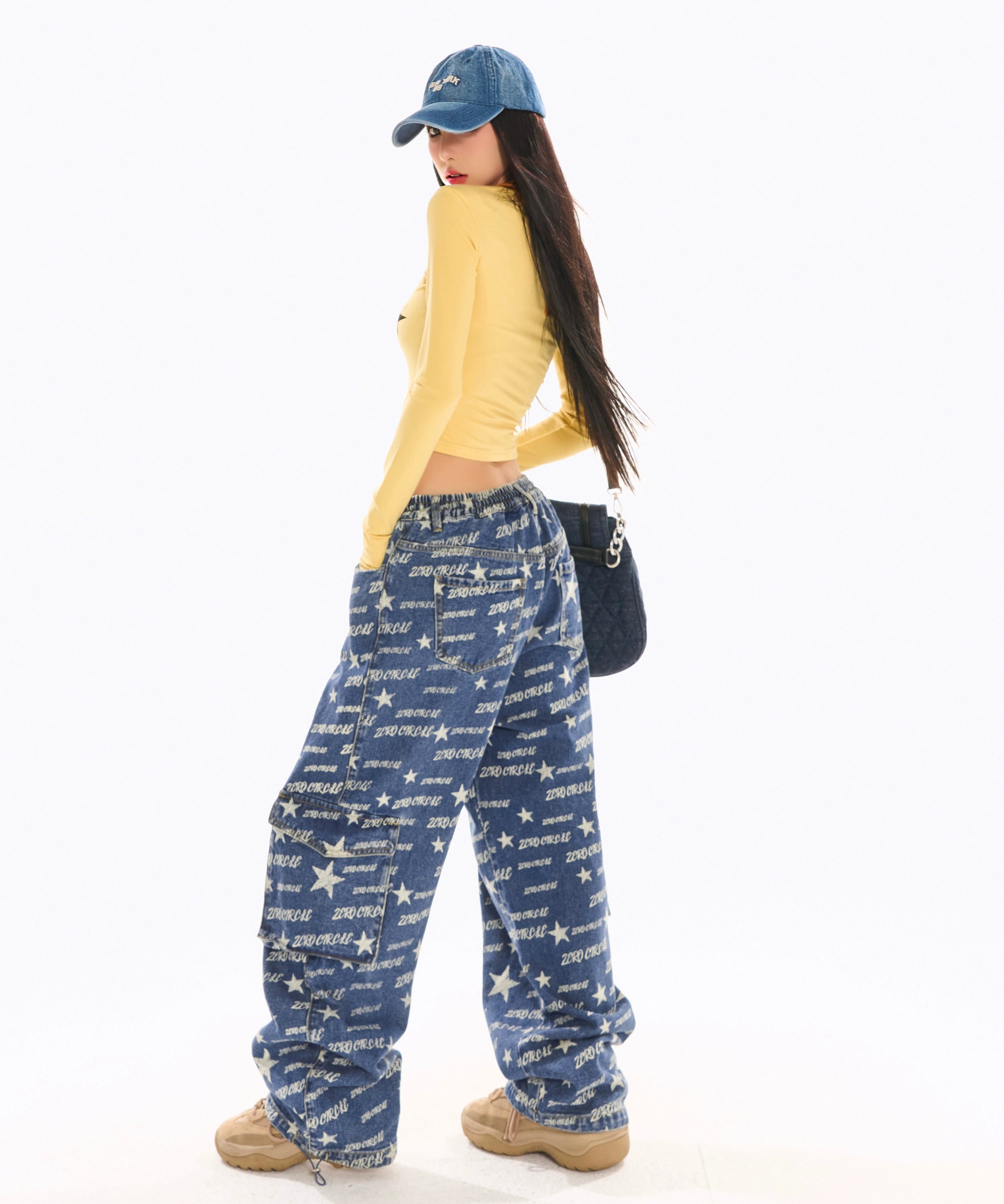 野生zerocircle印花松紧腰牛仔裤女春设计感显瘦宽松直筒阔腿裤子