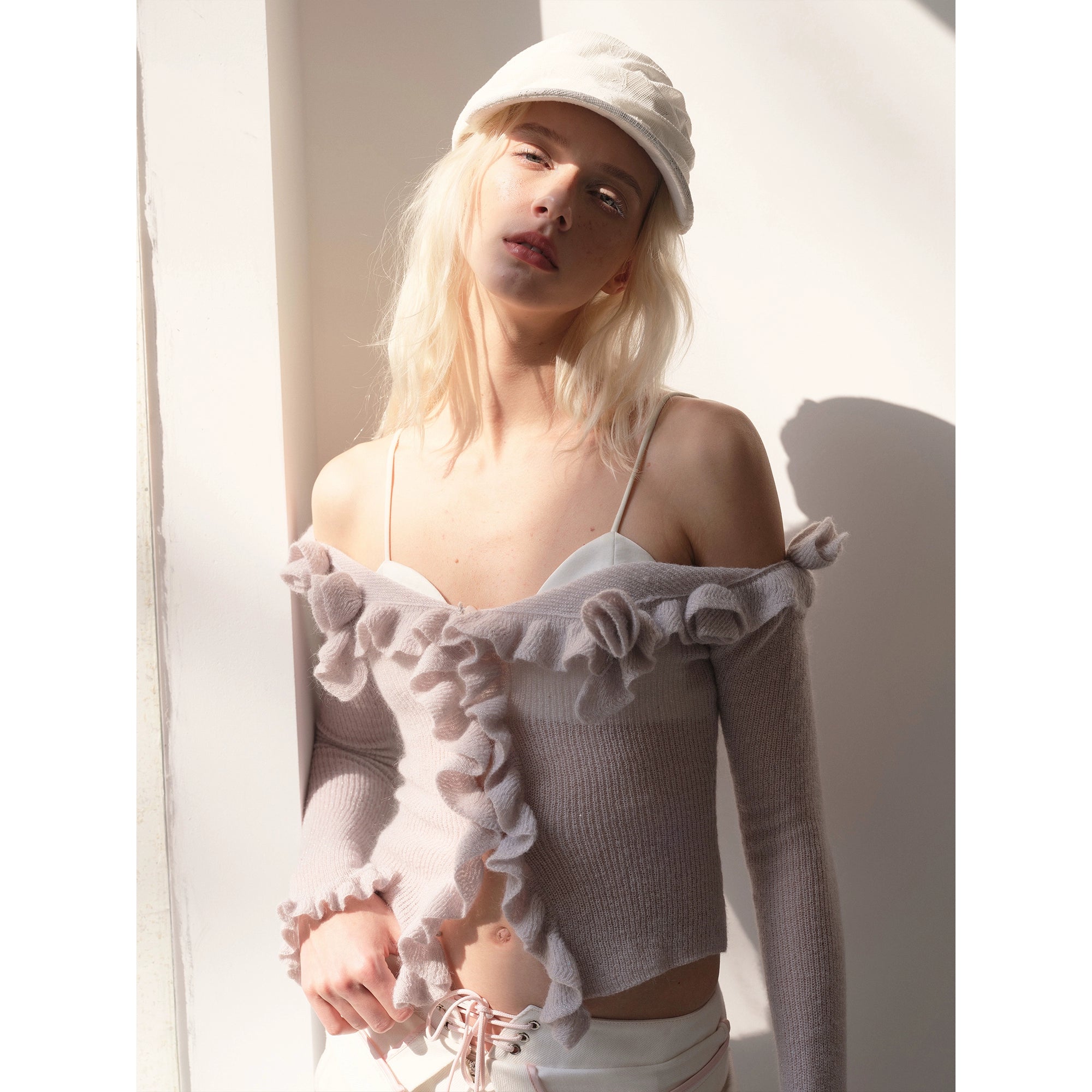 2th Desire亮闪软糯羊毛朦胧感显瘦上衣荷叶边一字肩长袖针织开衫