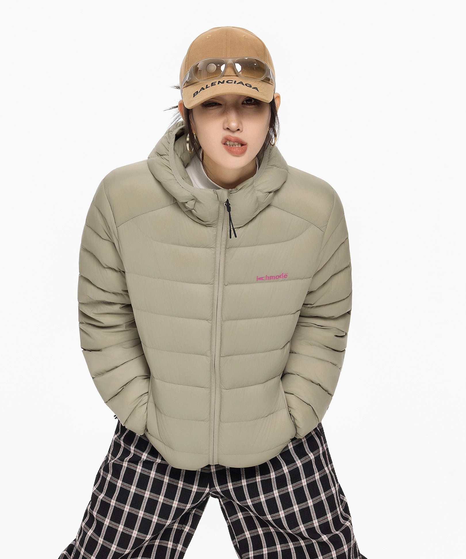 ICH MODE 90白鸭绒美式复古轻薄排骨羽绒服女冬季保暖连帽短外套