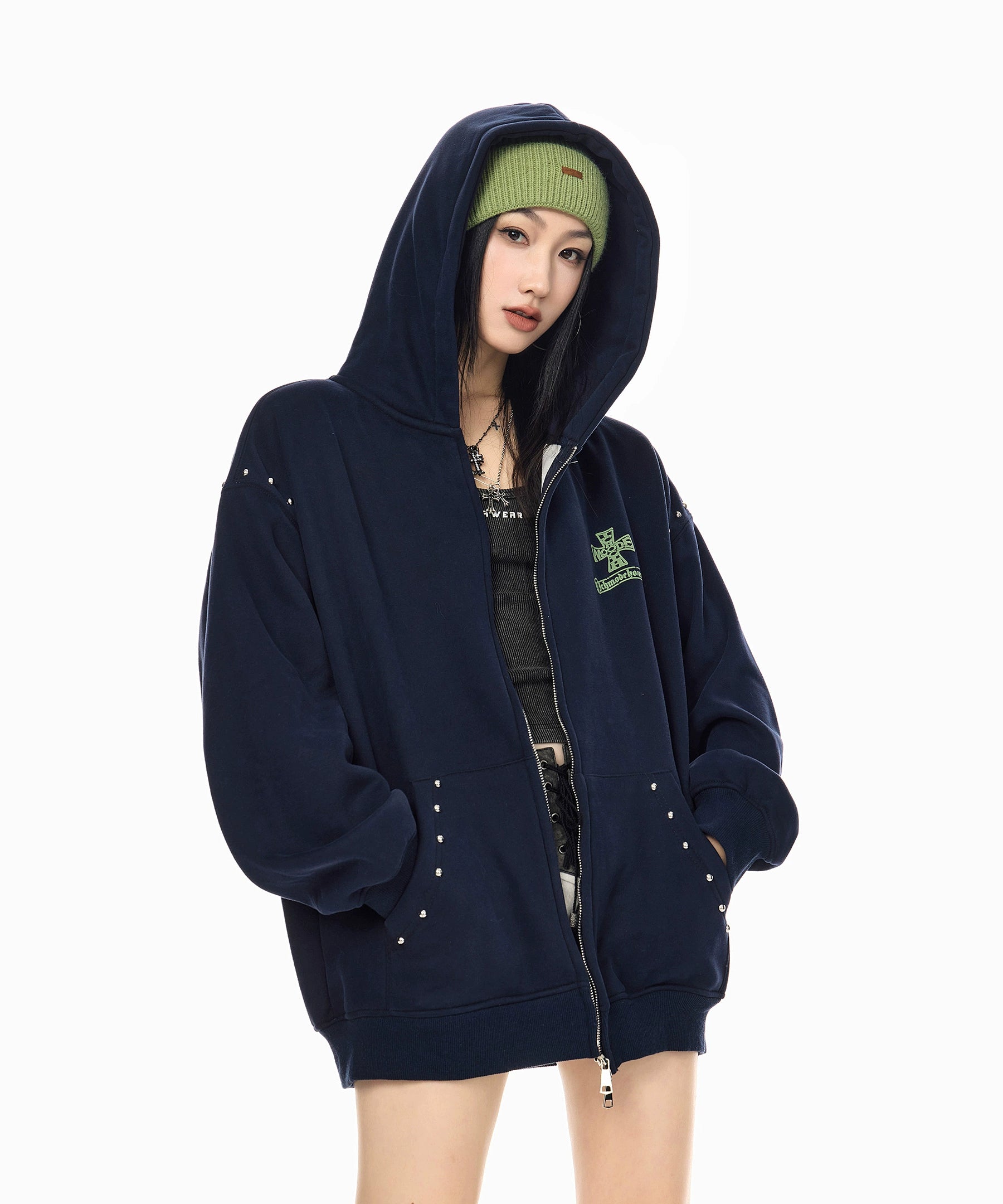 ICH MODE 美式哥特风复古钢珠加绒外套女秋冬季连帽上衣开衫卫衣