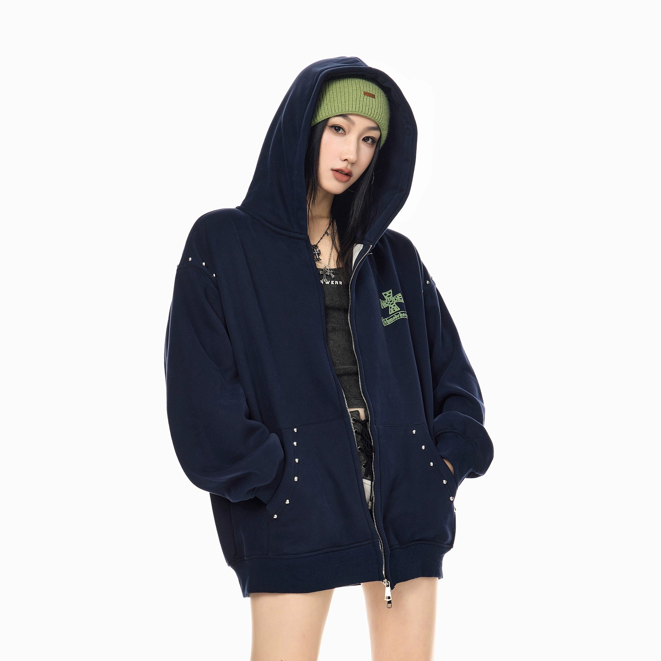 ICH MODE 美式哥特风复古钢珠加绒外套女秋冬季连帽上衣开衫卫衣