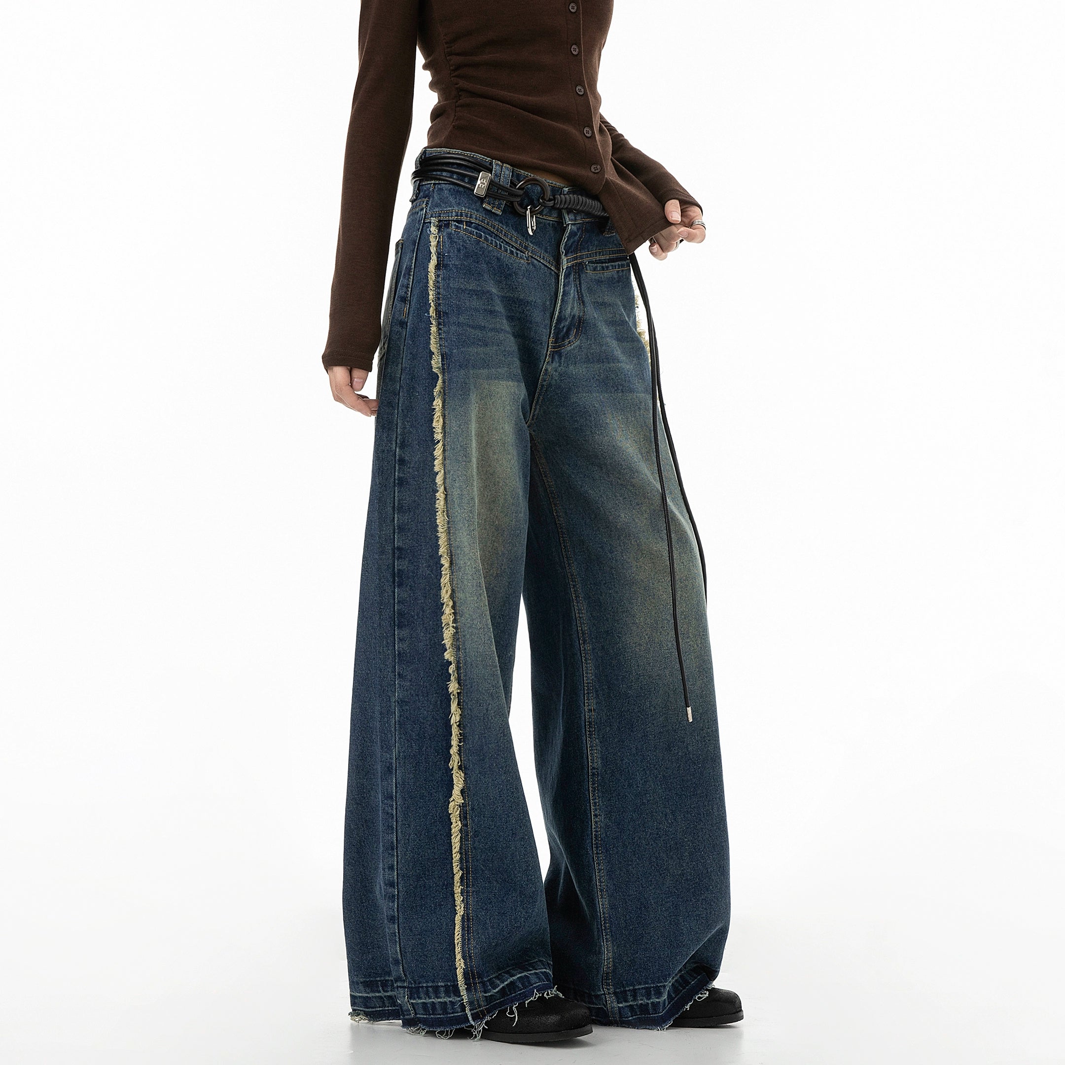 ICH MODE 美式复古做旧解构牛仔裤女宽松直筒裤运动裤休闲阔腿裤