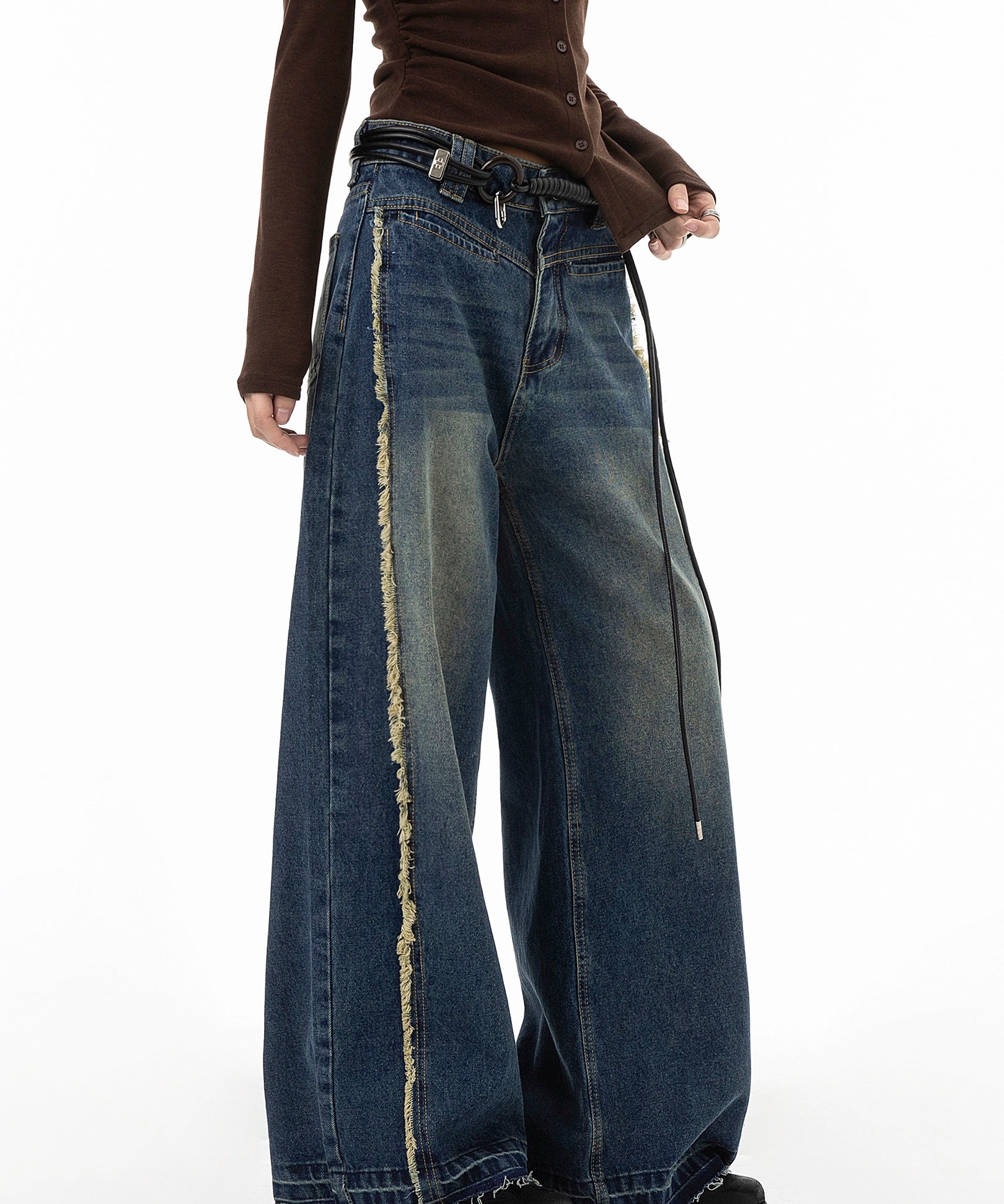 ICH MODE 美式复古做旧解构牛仔裤女宽松直筒裤运动裤休闲阔腿裤