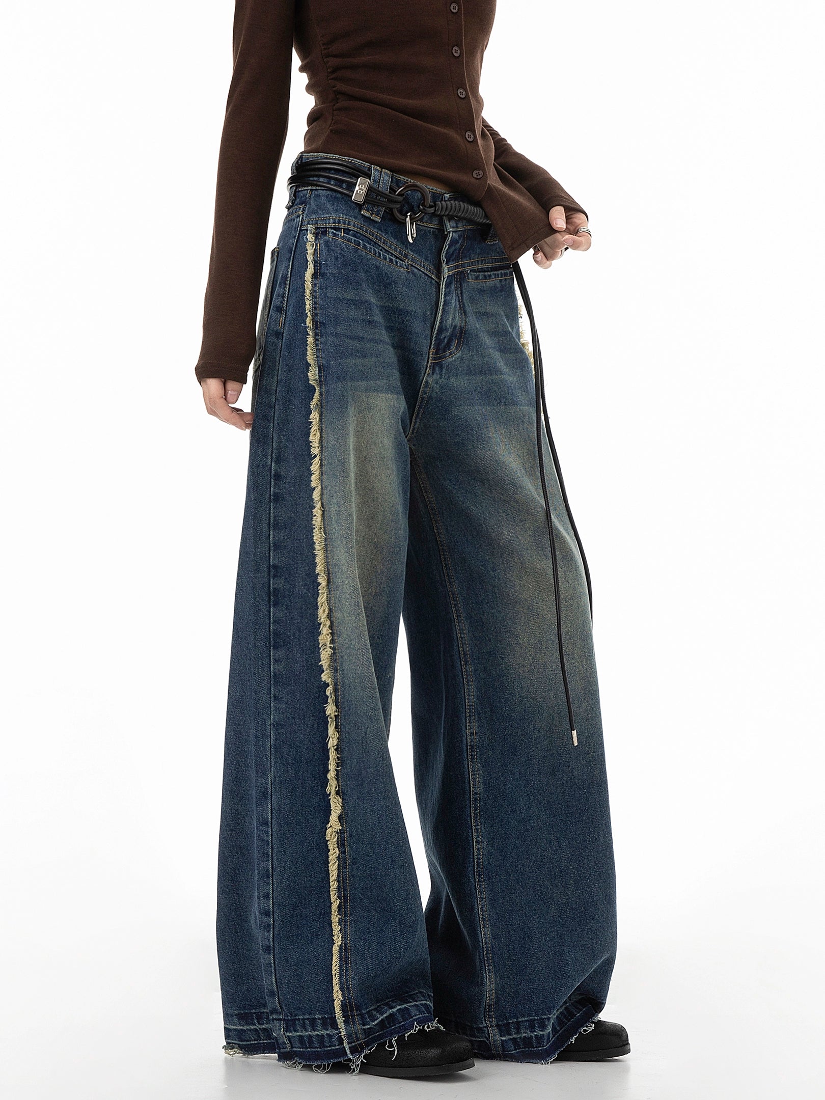 ICH MODE 美式复古做旧解构牛仔裤女宽松直筒裤运动裤休闲阔腿裤