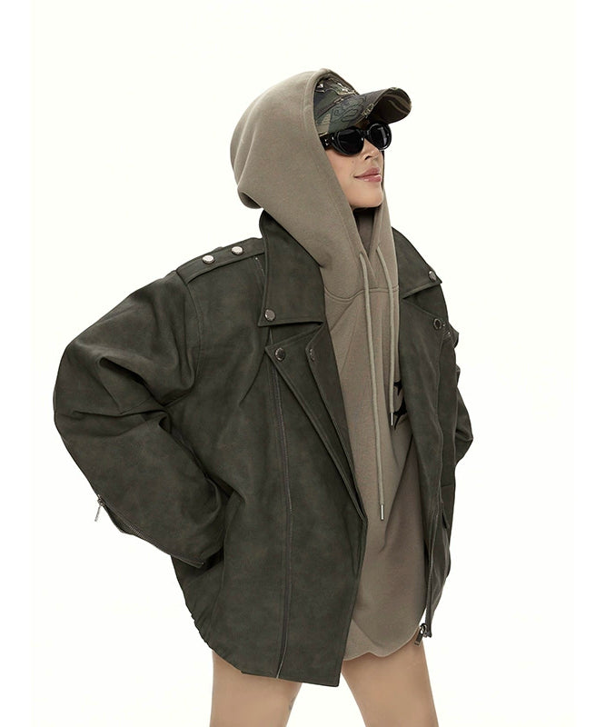 野生zero 美式复古廓形pu皮衣外套女秋冬新款酷飒风机车夹克上衣