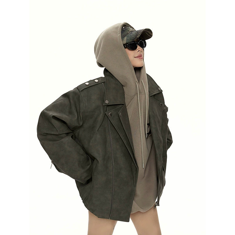 野生zero 美式复古廓形pu皮衣外套女秋冬新款酷飒风机车夹克上衣