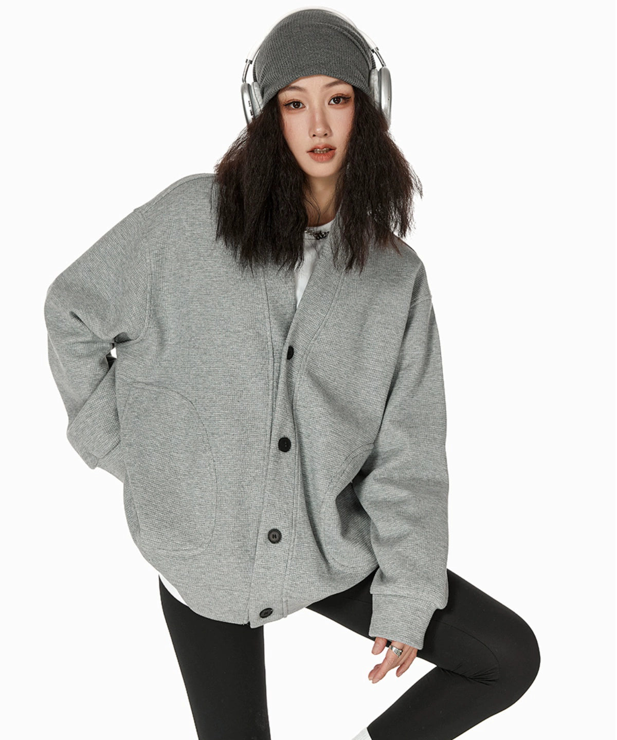 ICH MODE 慵懒风休闲卫衣开衫女复古街头高级质感华夫格外套夹克