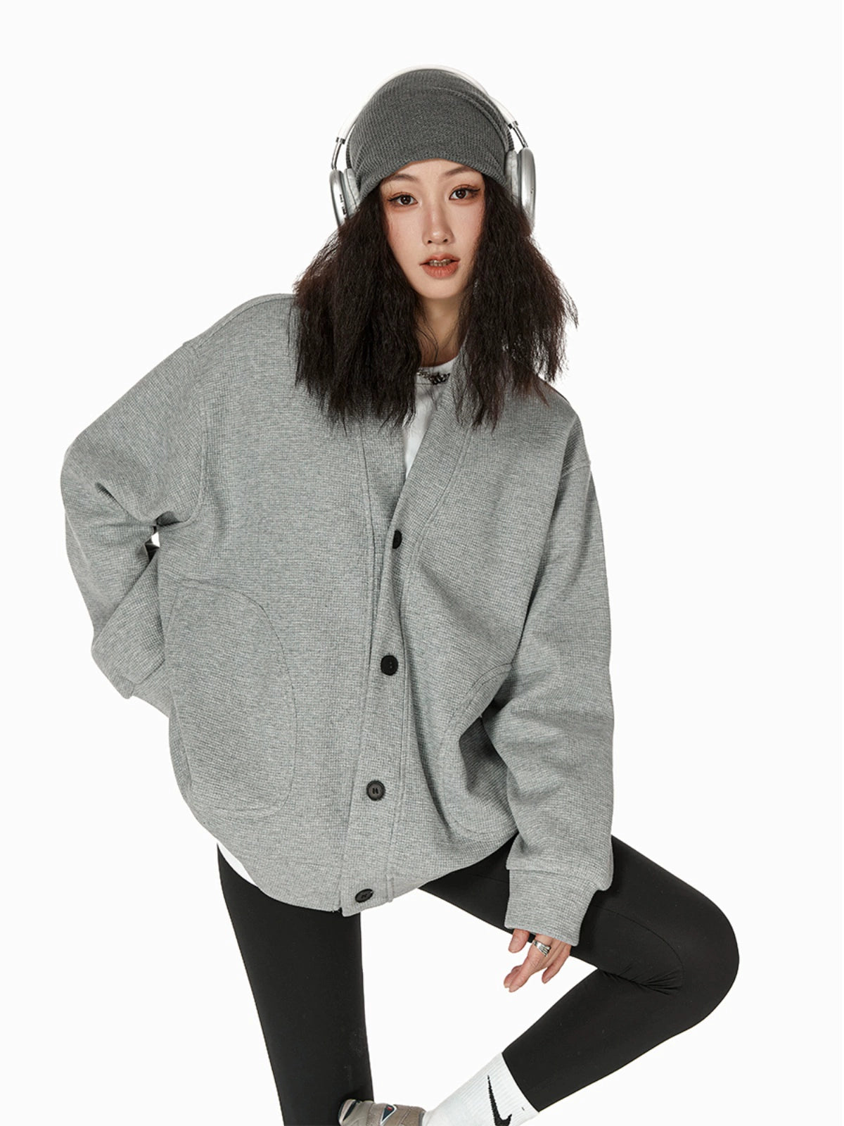 ICH MODE 慵懒风休闲卫衣开衫女复古街头高级质感华夫格外套夹克